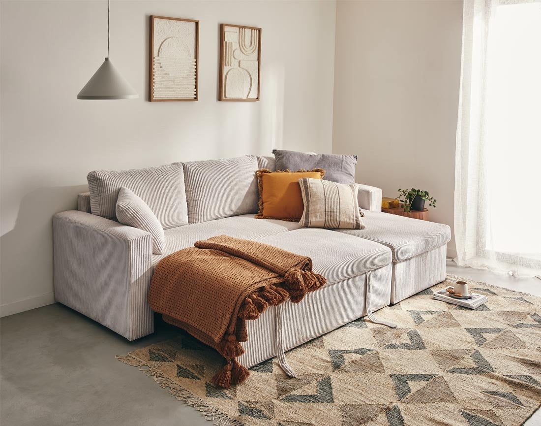 Canapé d'angle convertible 4 places en velours côtelé beige - CYRUS - Best Mobilier - 4