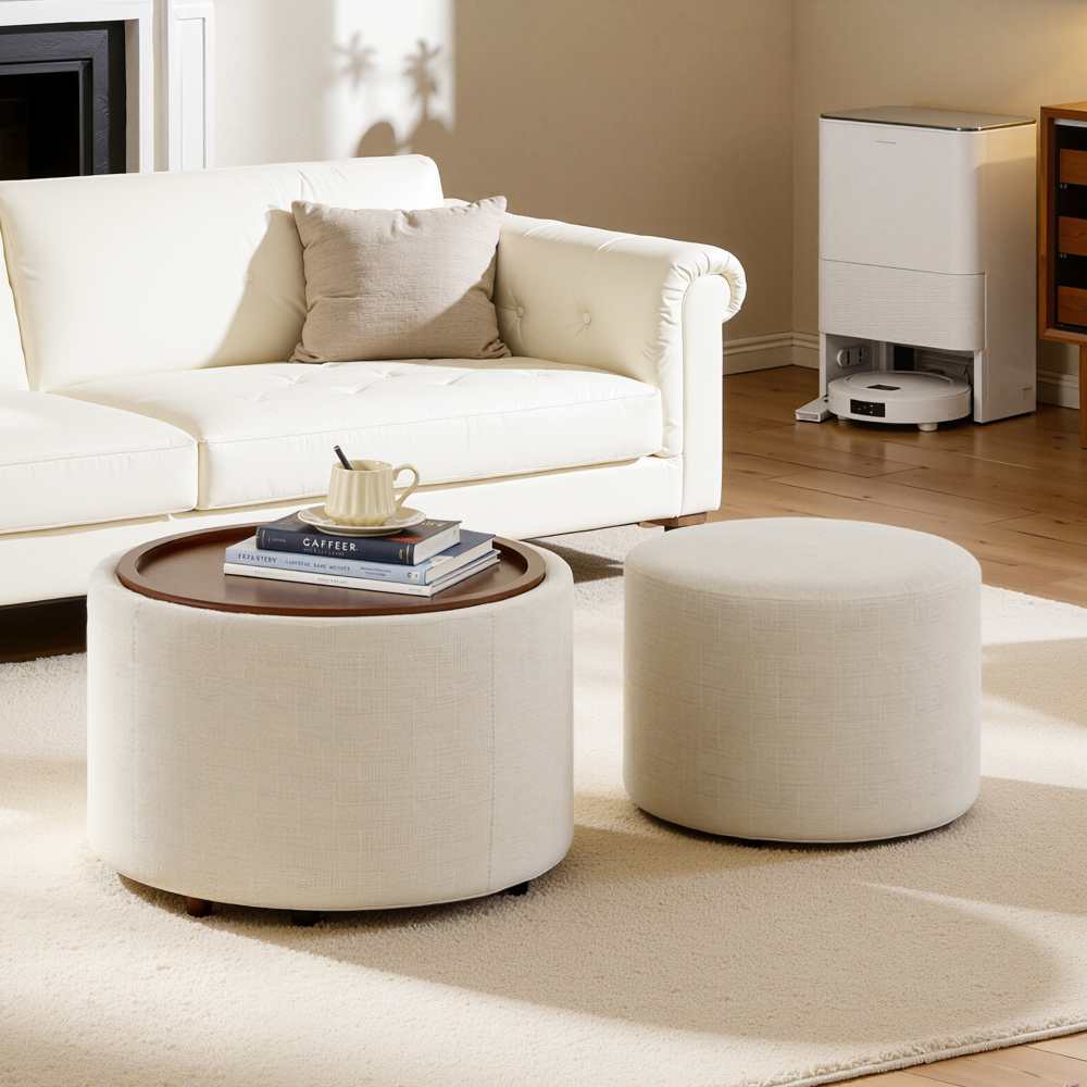 Pouf nido set 2 pezzi con contenitore, tavolino rotondo e panca multifunzionale 4-in-1, 58 cm, pronto all’uso - 6