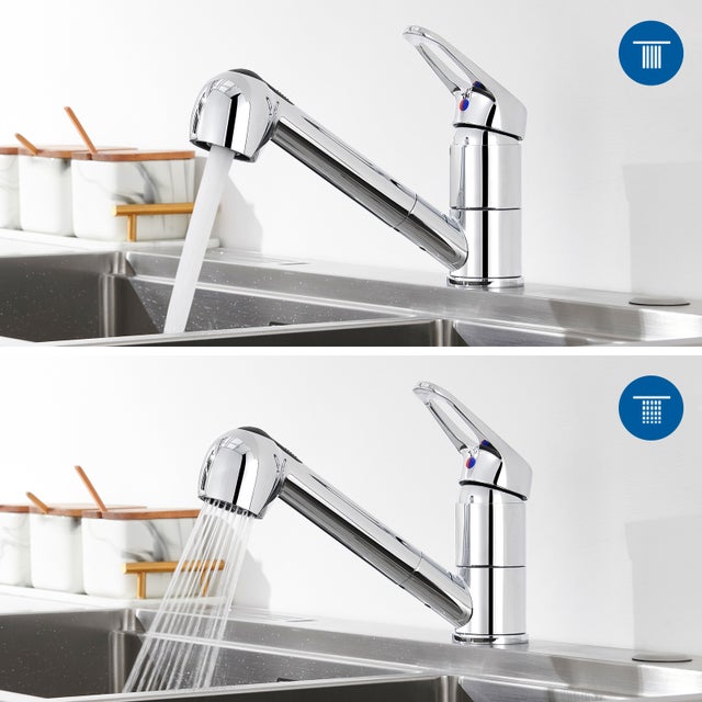 AuraLum Max Robinet Cuisine avec Douchette Extractible 2 Jets Mitigeur Evier en Inox Chromé Pivotant 360° Robinetterie Eau Froide et Chaude,EU Modèle