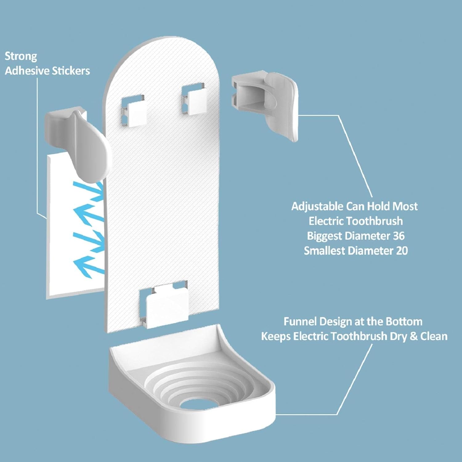 Lot de 2 Support Brosse a Dent Electrique, Porte Brosse à Dents Electrique , Support Mural Brosse a Dent Electrique Adhésif Solide Réglable Organisate - 3
