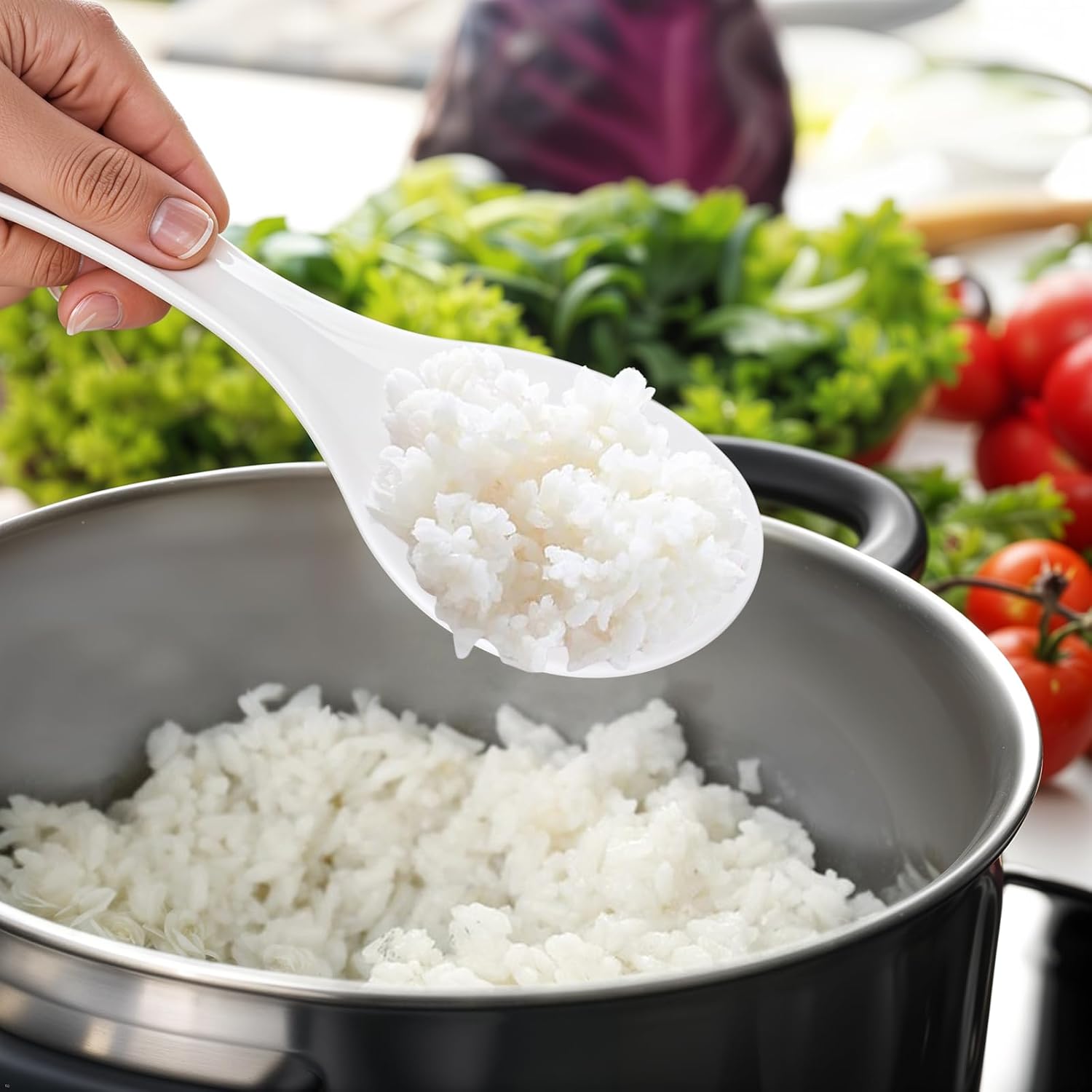 2 plastikowe łyżki do serwowania z powłoką zapobiegającą przywieraniu – łyżki do ryżu – plastikowe łyżki kuchenne PP – białe – do ryżu (19,5 cm) - 4