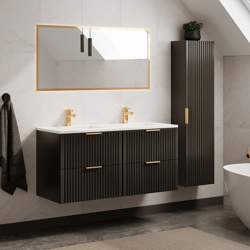 Szafka łazienkowa wisząca ryflowana z umywalką wpuszczaną w blat i słupkiem - Czarny - 120 cm - ZEVARA