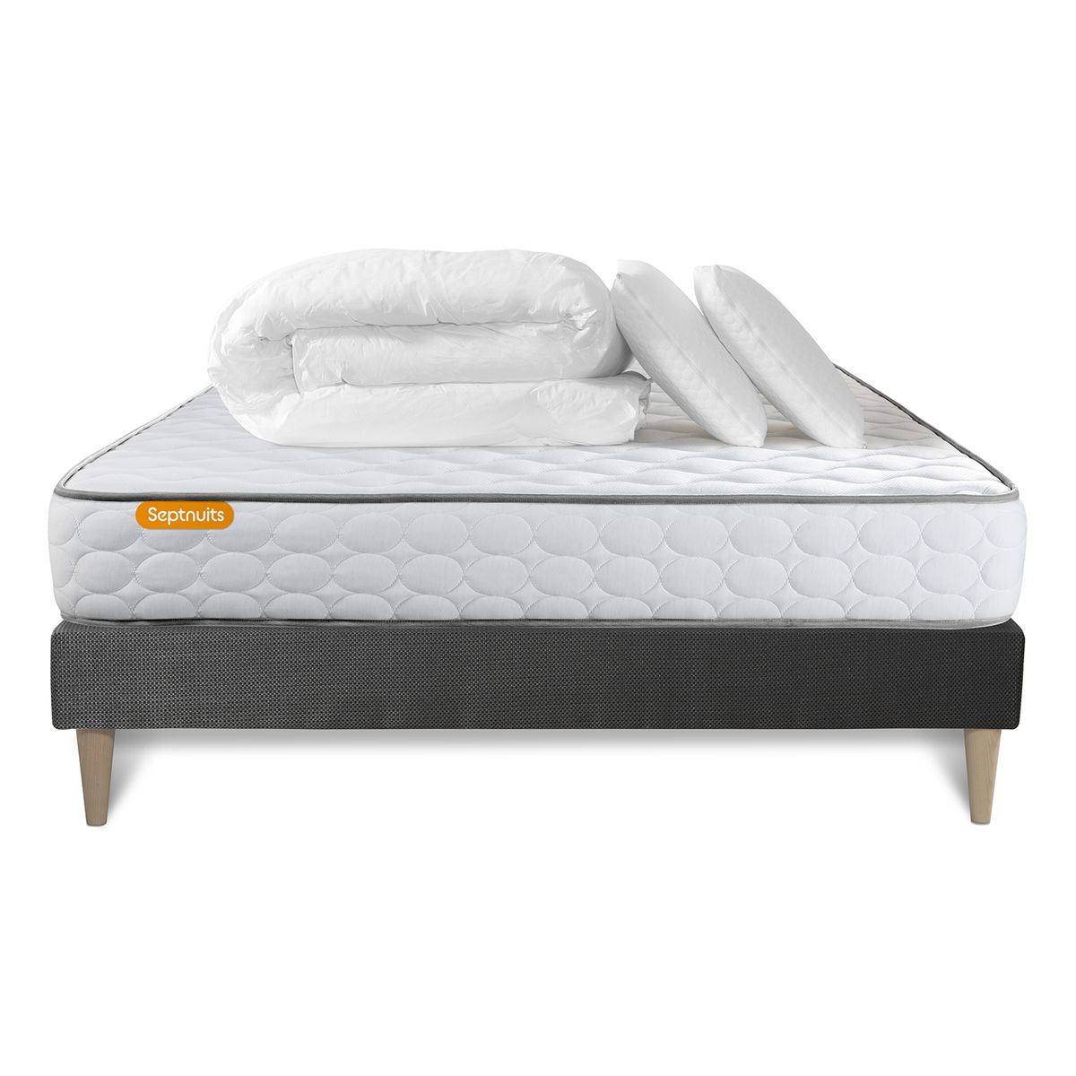 Pack Matelas Memo - Mémoire de forme - Ep : 20cm - Sommier kit Gris avec couette et 2 oreillers - 2