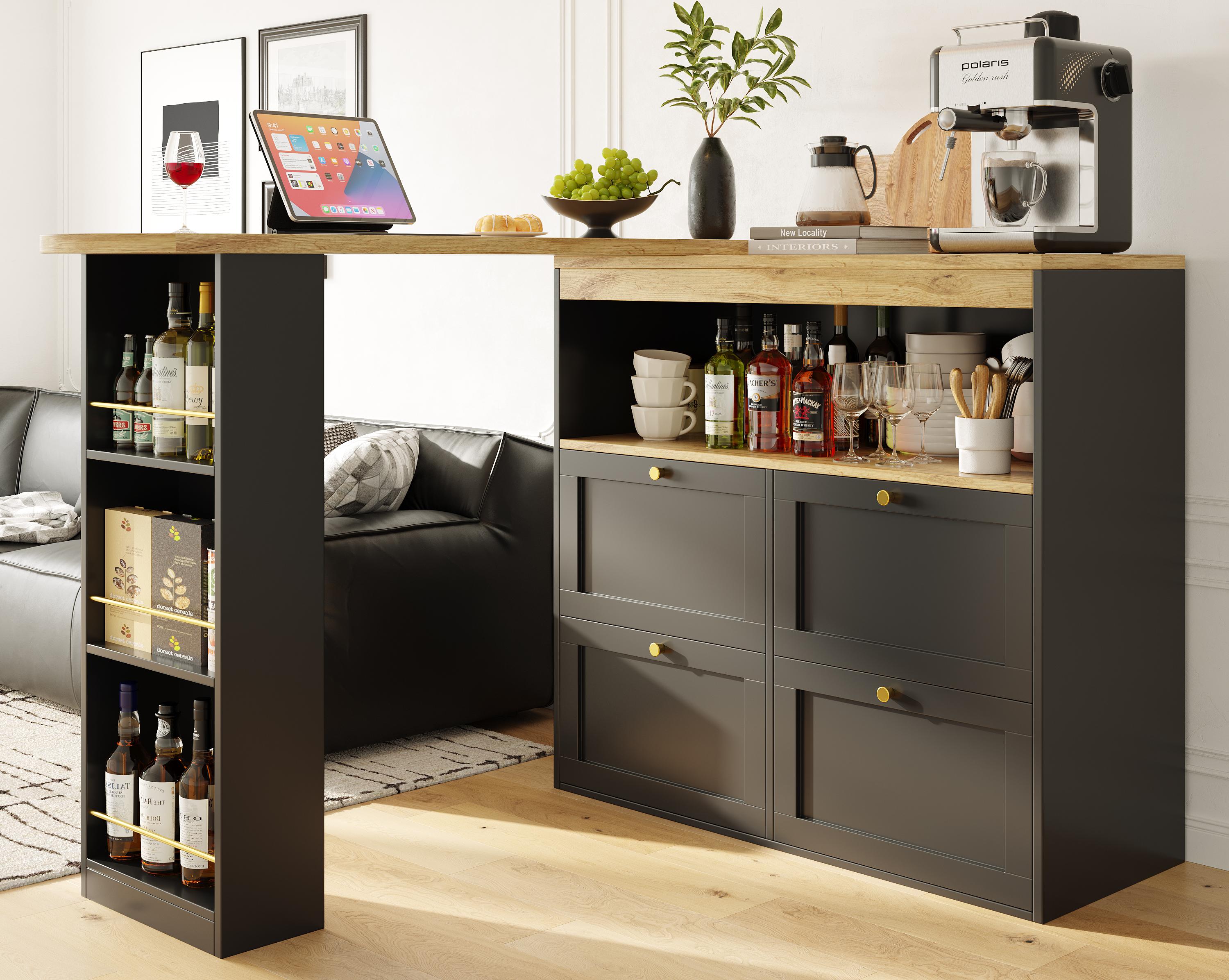 Obrotowy i wysuwany stolik barowy - 4 szuflady i 4 przegródki - Czarny