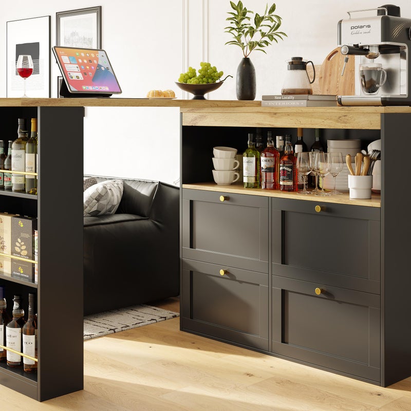 Obrotowy i wysuwany stolik barowy - 4 szuflady i 4 przegródki - Czarny