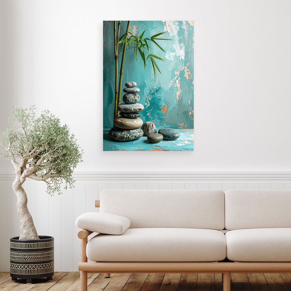 Obraz do salonu sypialni, Kamienie zen spa liście na turkusowym tle 70x100 - 2