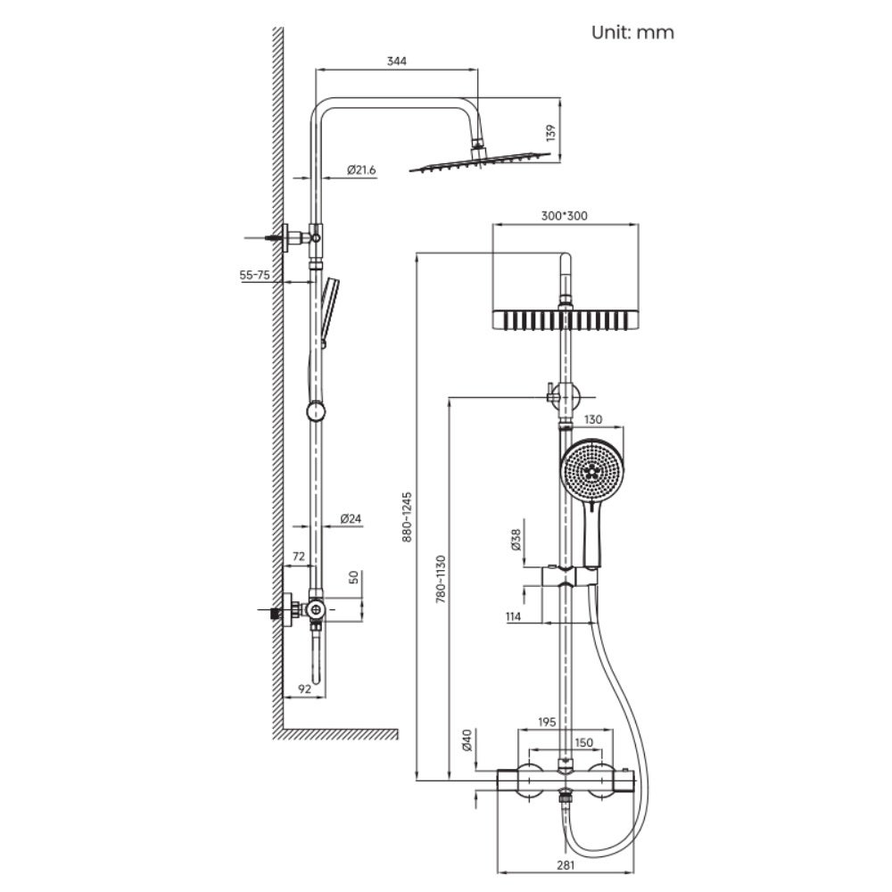 Columna ducha termostática,cabezal ducha cuadrado 30*30cm, cabezal ducha redondo 5 chorros,ducha lluvia ajustable altura,con mezclador de cobre,negro - 6