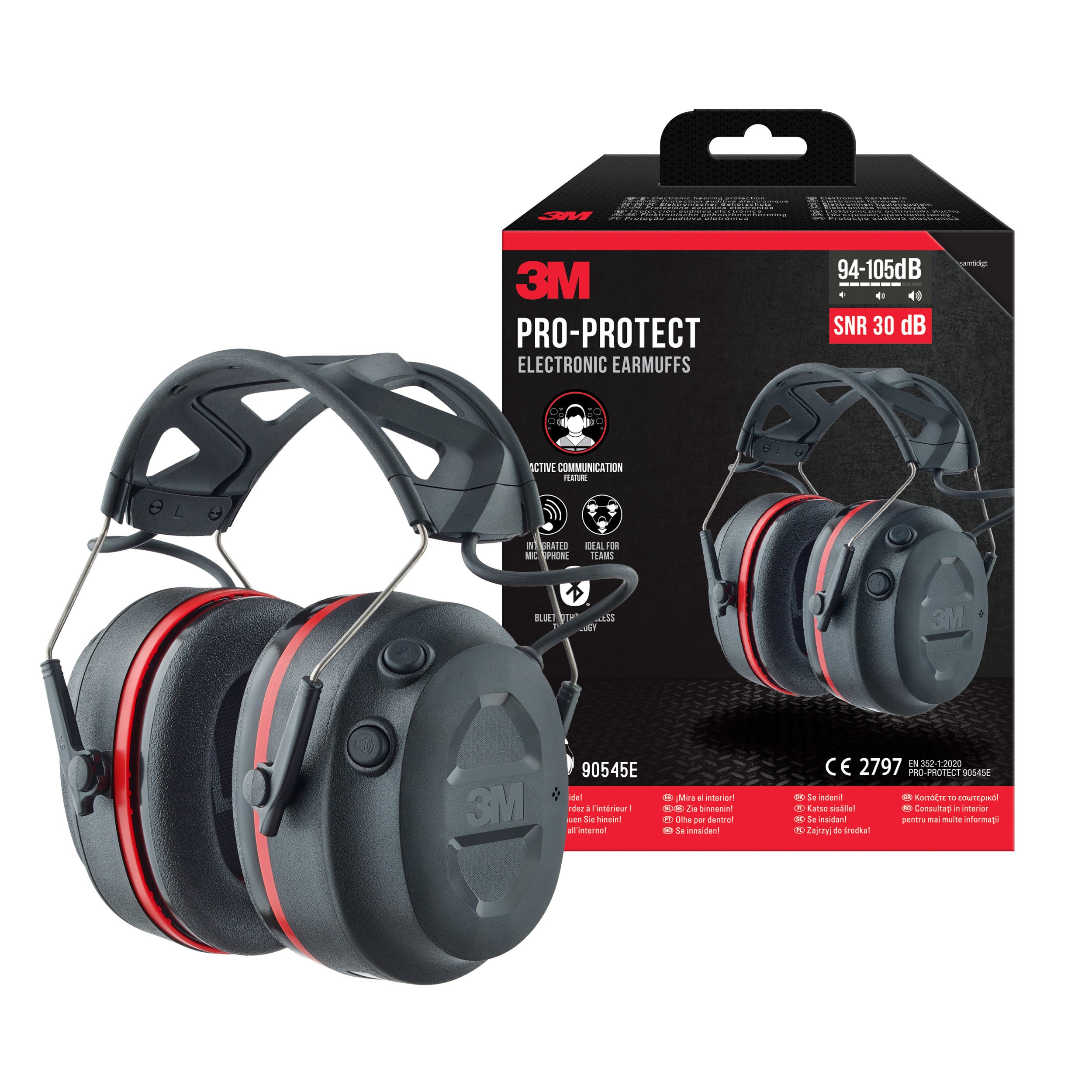 3M™ Pro-Protect Nauszniki 90545E, Bluetooth®, wartość SNR 30 dB, Czarne