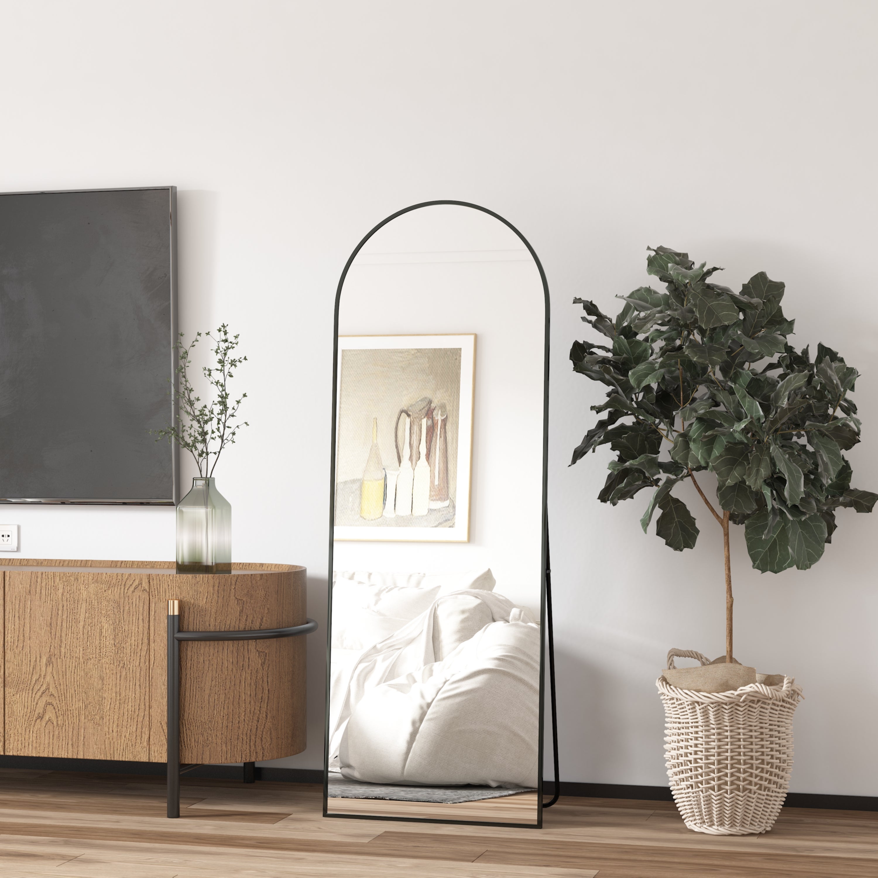 Miroir pleine longueur 162 x 53 cm, miroir de sol avec cadre en aluminium, miroir sur pied arqué lisse, noir - 5