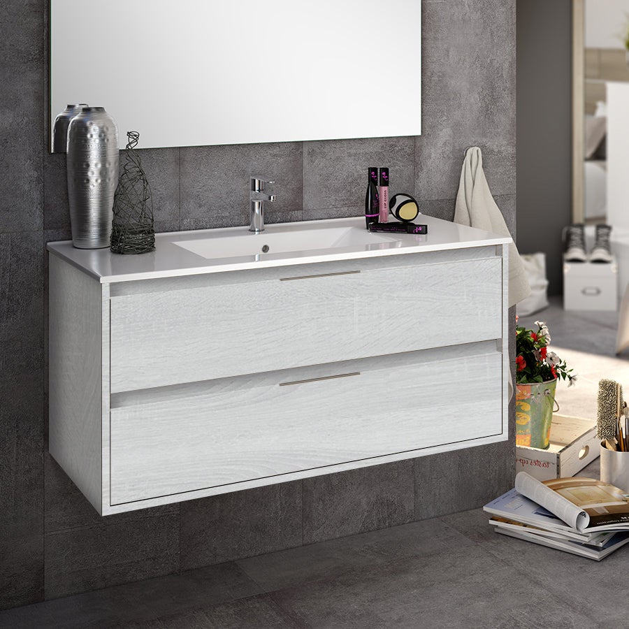 Meuble de salle de bain 80cm simple vasque - 2 tiroirs - IRIS - hibernian (bois blanchi) - 2