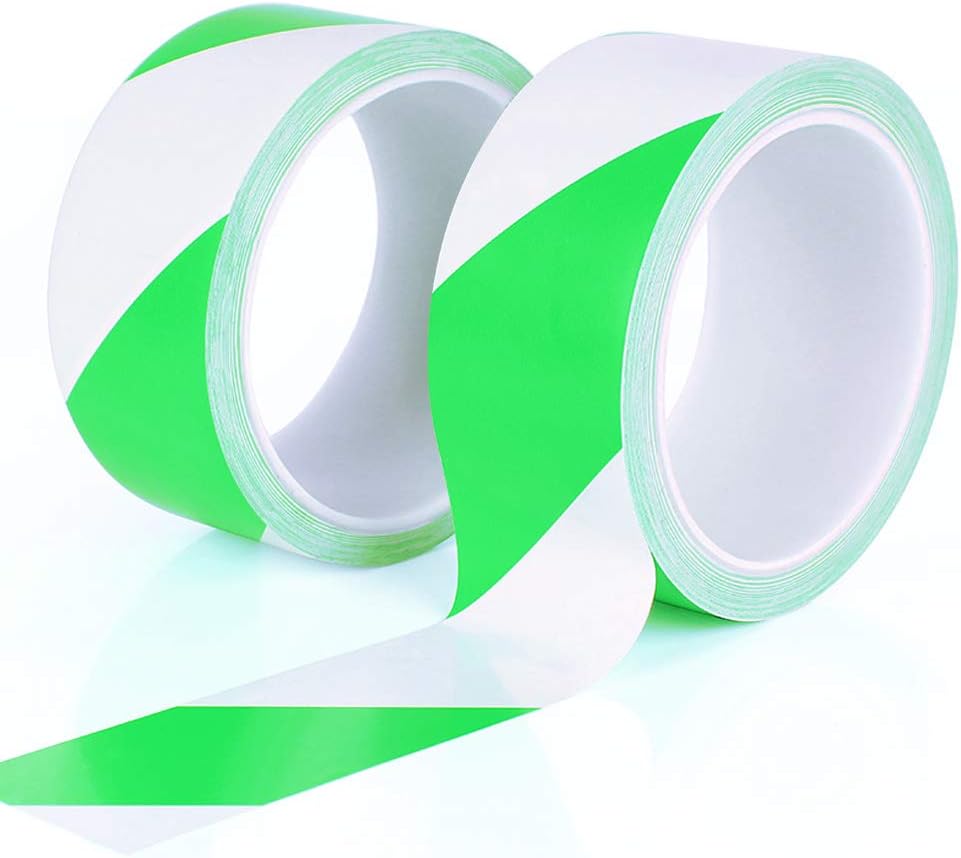 Dwa opakowania taśmy ostrzegawczej z tworzywa PVC w kolorze zielonym i białym, 50 mm x 18 m