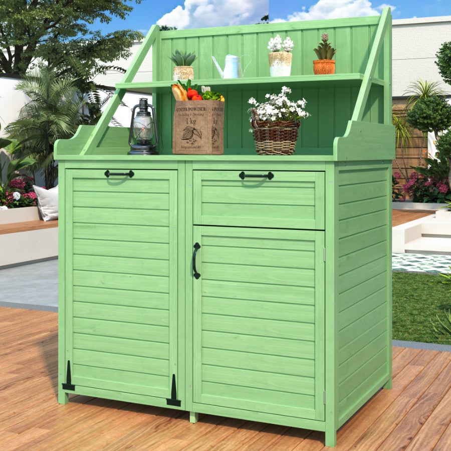 Drewniana szafka ogrodowa z półkami, szufladami i blatem roboczym – bezpieczne i stylowe przechowywanie na zewnątrz
