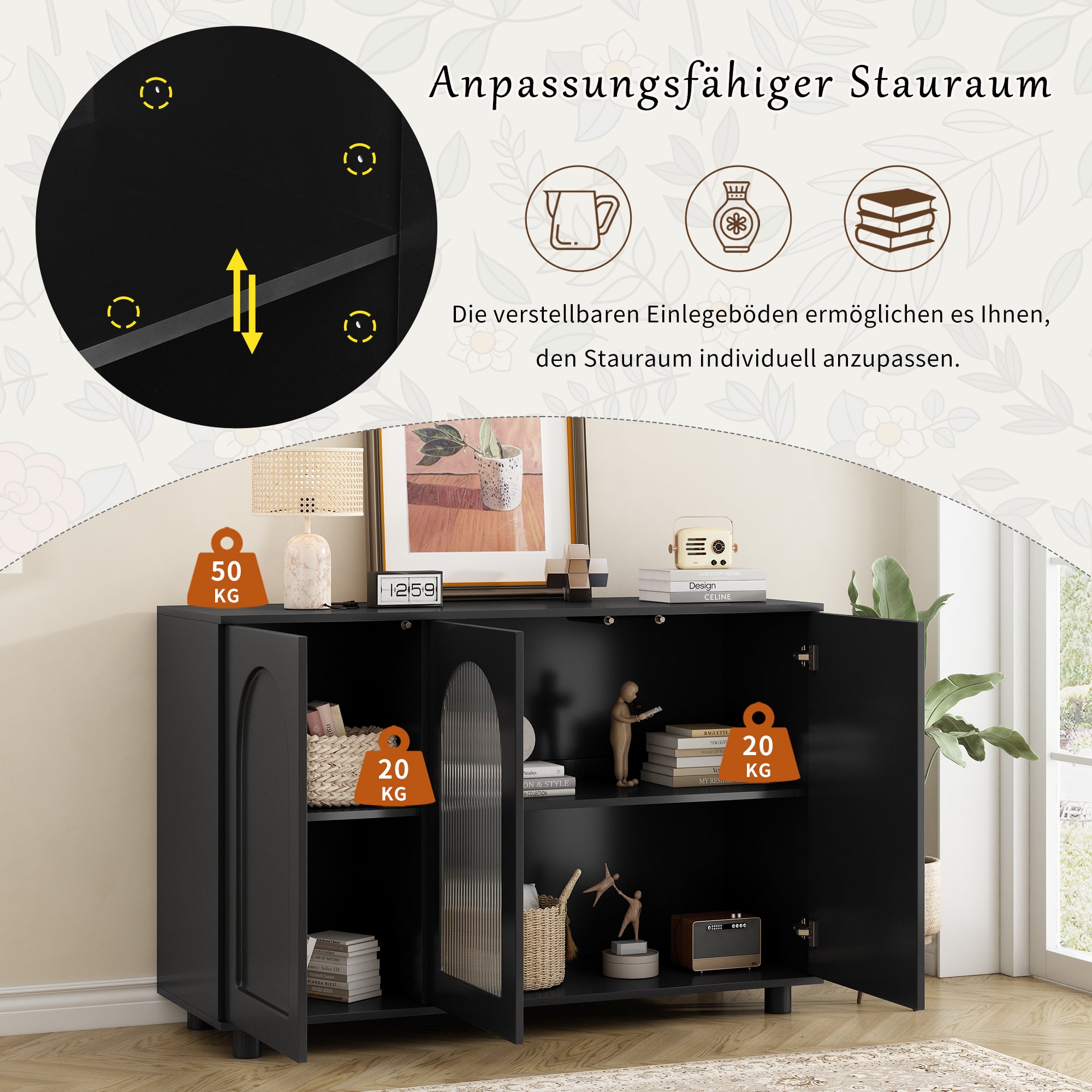 Buffet bas avec 3 portes - 120 x 40 x 78.5 cm - MDF + panneau de particules - pour salle à manger - Noir - 6