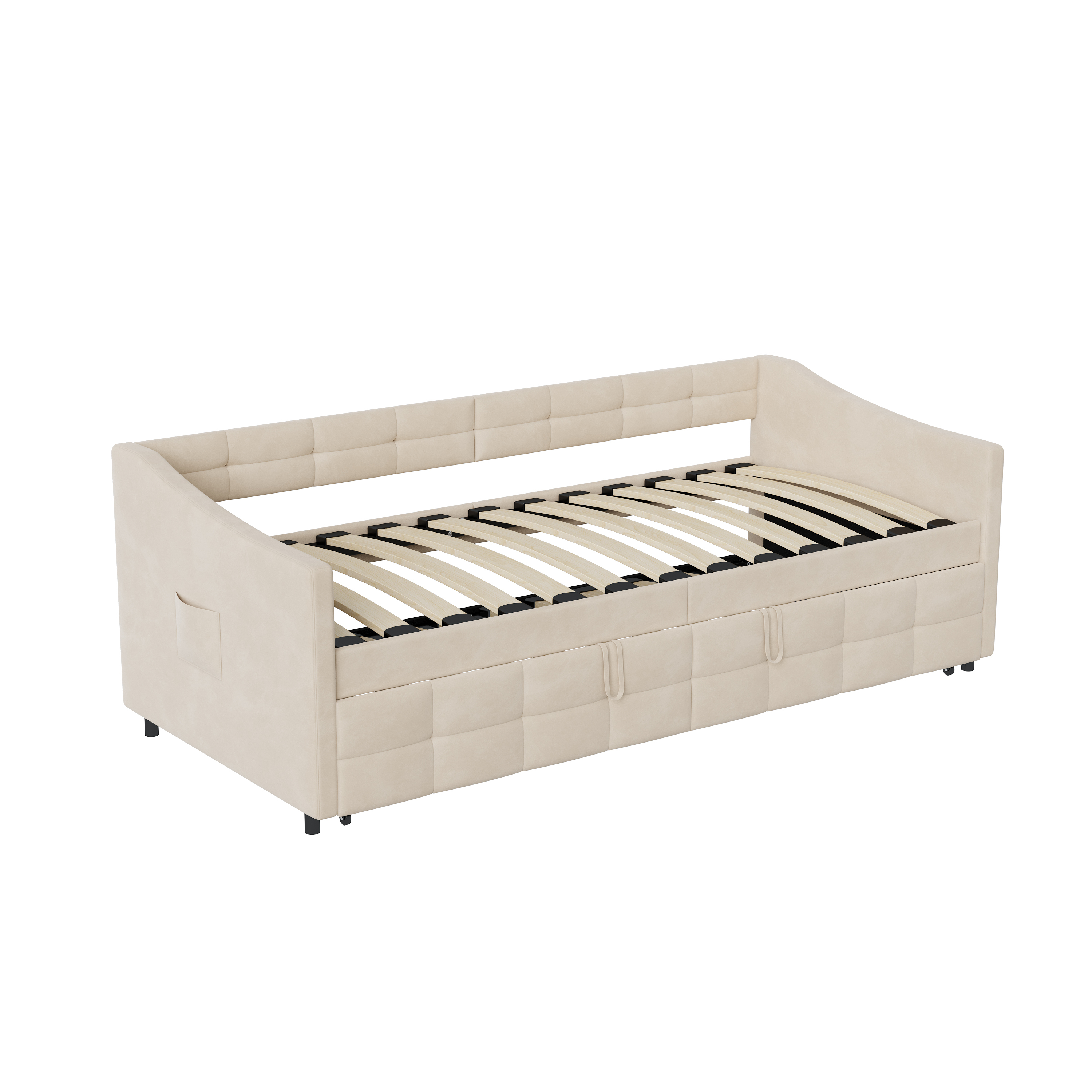 Lit gigogne 90x190/200 cm - avec poches latérales - accoudoirs - cadre à lattes - style scandinave - canapé-lit - Beige - 9