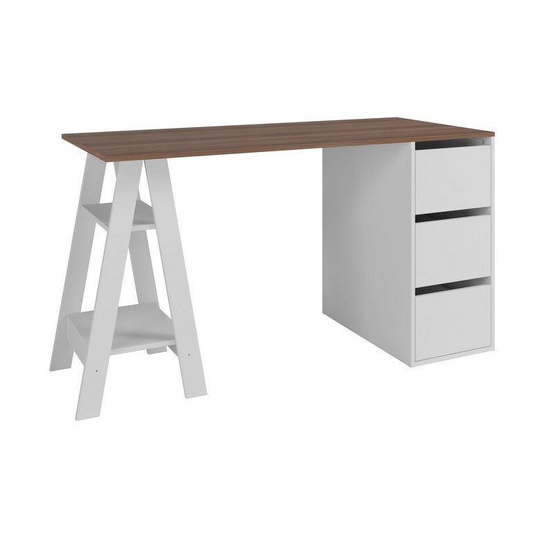 Bureau Tréteau Et Caisson 3 Tiroirs Blanc Et Châtaignier L 135 H 75 P 60 Cm 93009568