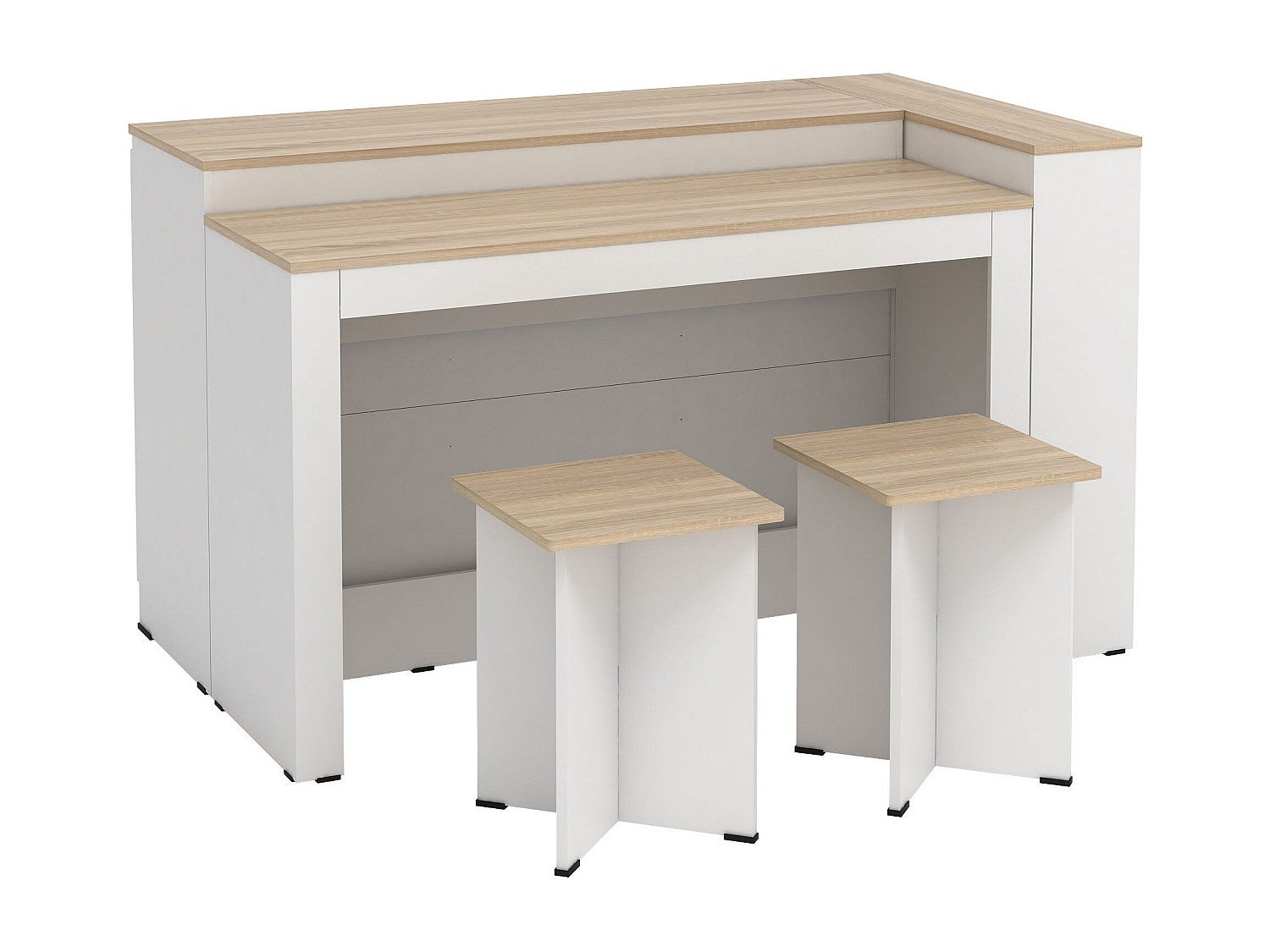 Ensemble îlot central de cuisine + 2 tabourets - Blanc et Naturel clair - NUSICE - 2