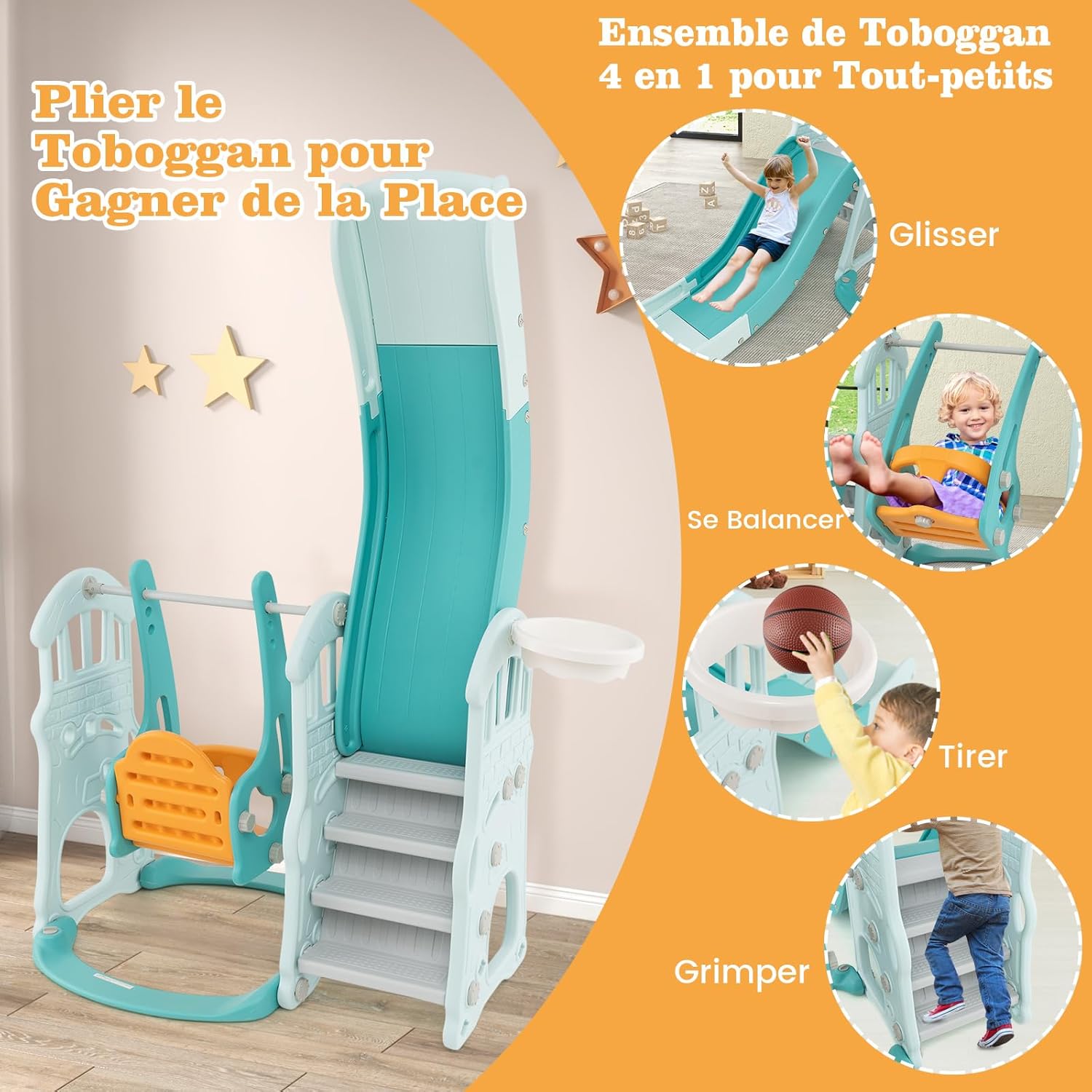 4 en 1 Toboggan Enfant Pliable avec Balançoire Réglable & Panier de Basketball, avec Échelle d’Escalade & Ballon, Charge 30kg pour 18 Mois+ - 2