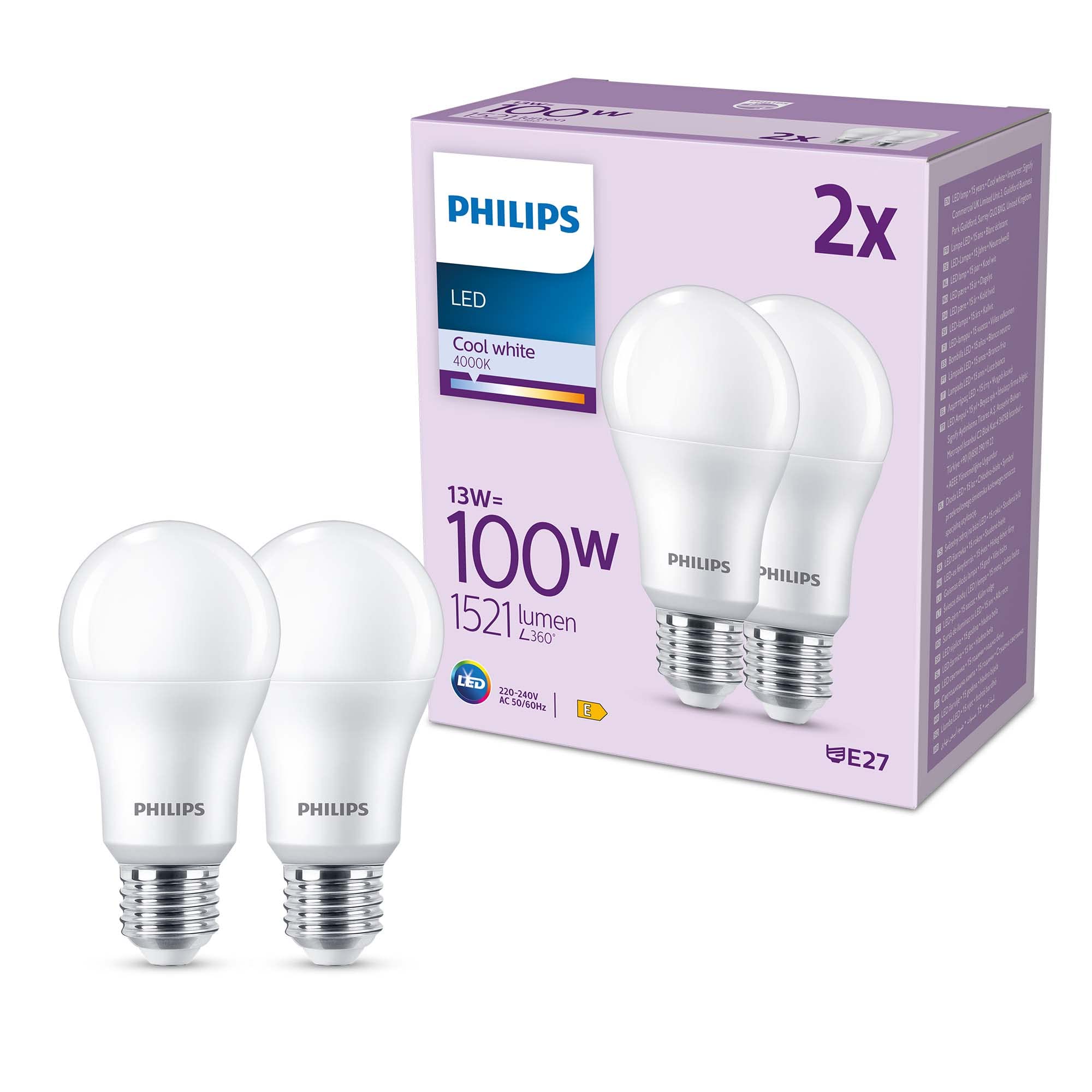 Philips pack de 2 ampoules LED E27, 100W, 4000K, blanc froid - 2