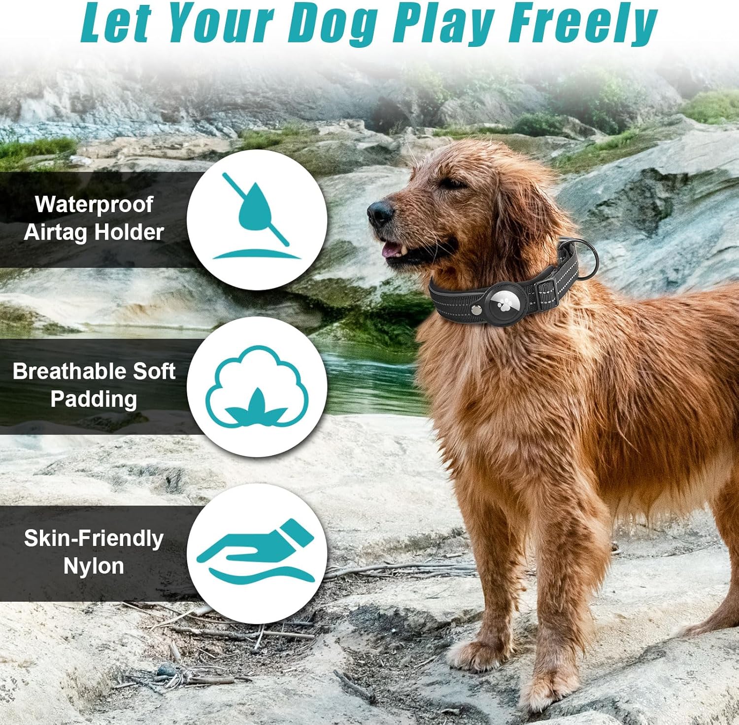 Coleira para cães compatível com Apple AirTag, coleira clássica de nylon ajustável e refletora com para AirTag e forro macio e respirável (pre - 3