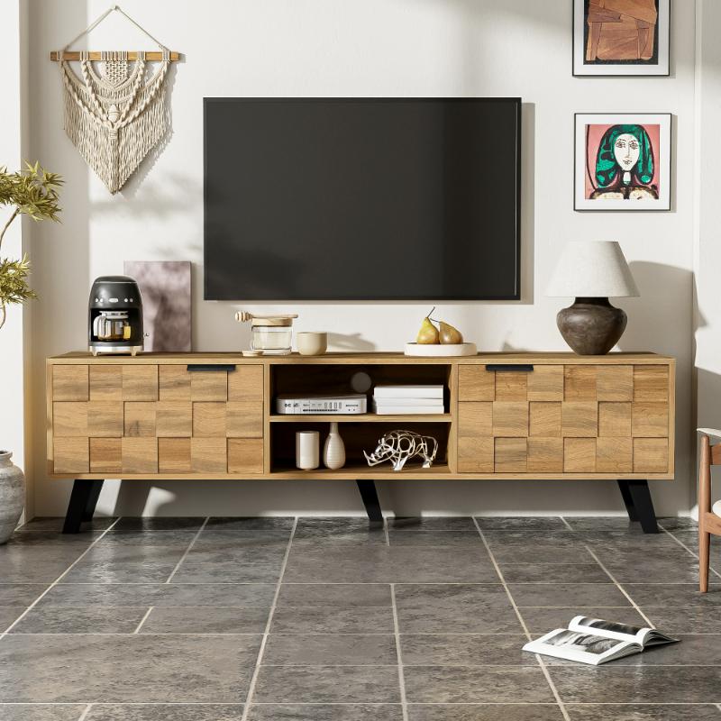 Nowoczesna szafka RTV z 2 drzwiami i 2 otwartymi półkami – 160,5 x 35,5 x 45 cm