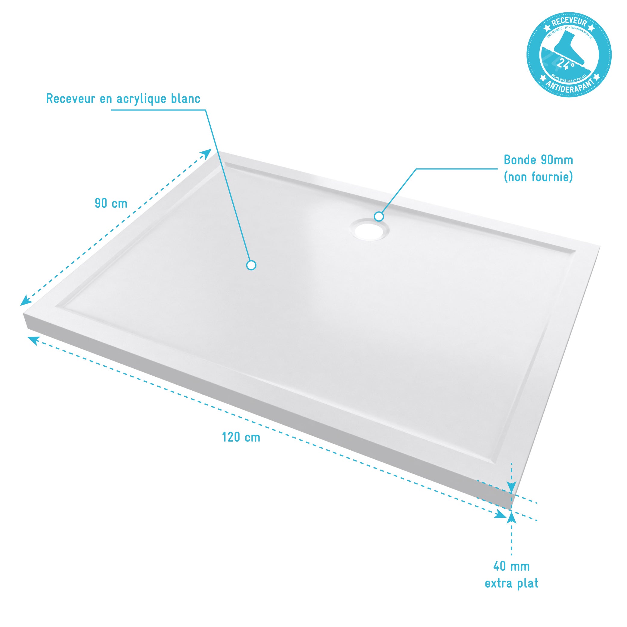 RECEVEUR DE DOUCHE A POSER EXTRA-PLAT ACRYLIQUE BLANC RECTANGLE -120x90cm - 4