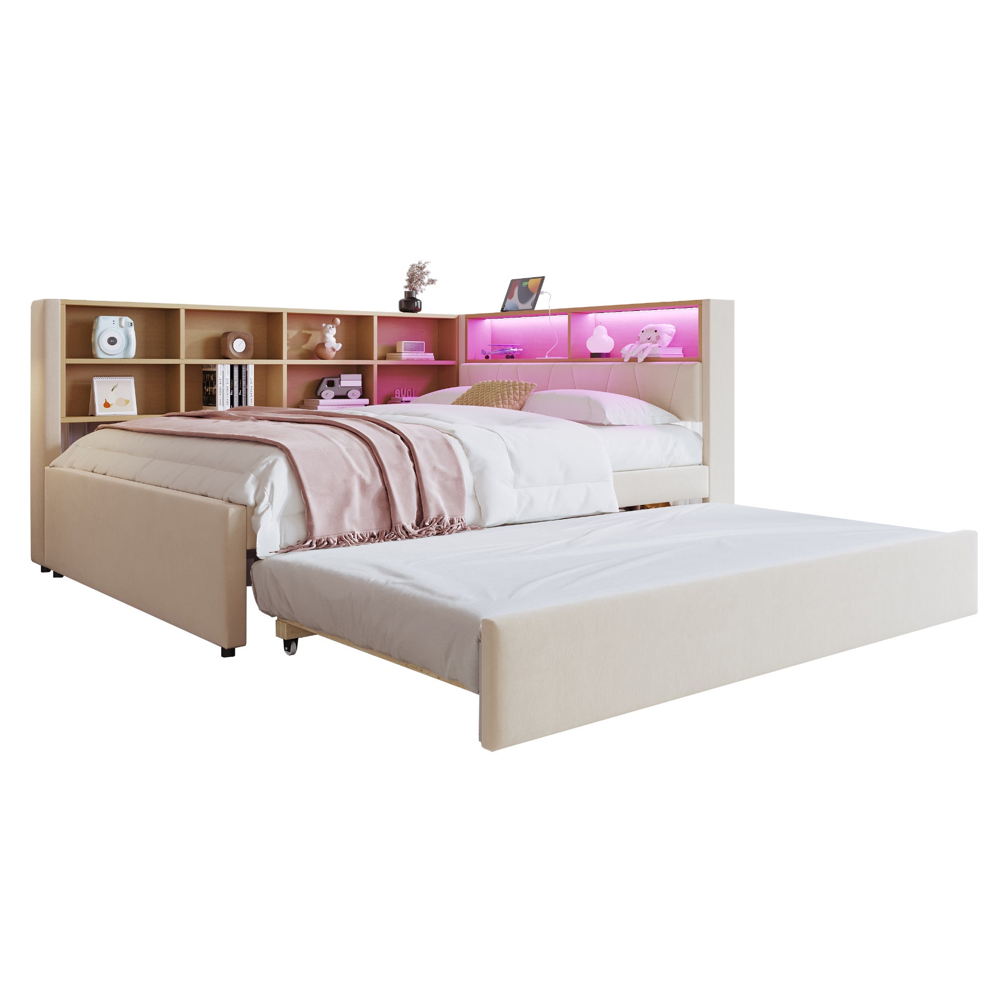 Divano letto 140x200cm 90x190cm Multifunzione LED prese ampio spazio flanella beige (Senza materasso) - 2