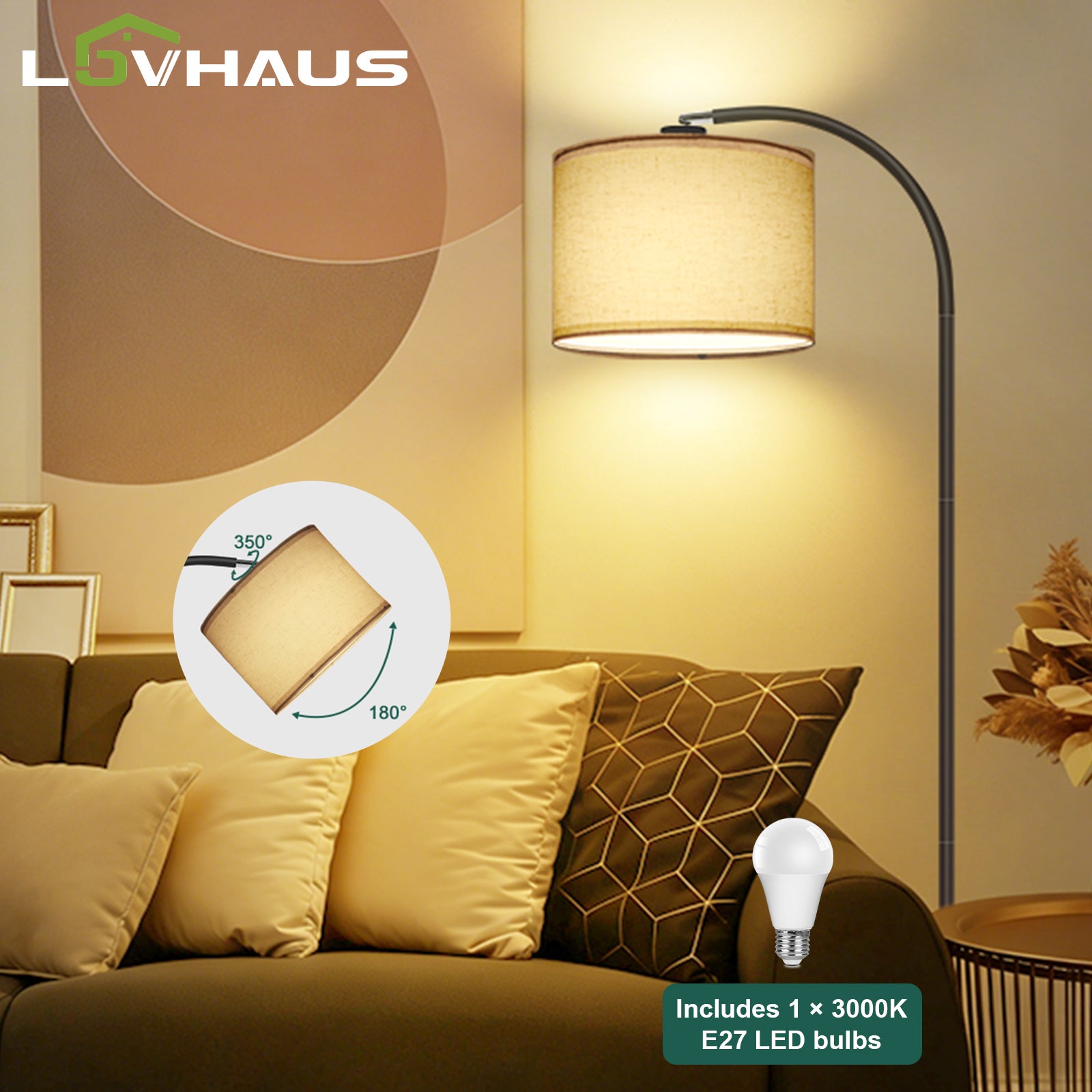 Lámpara arco 161 cm negra, lámpara de pie dormitorio, pantalla lino beige ajustable,lámpara lectura infantil, interruptor pie,bombilla led e27,lovhaus