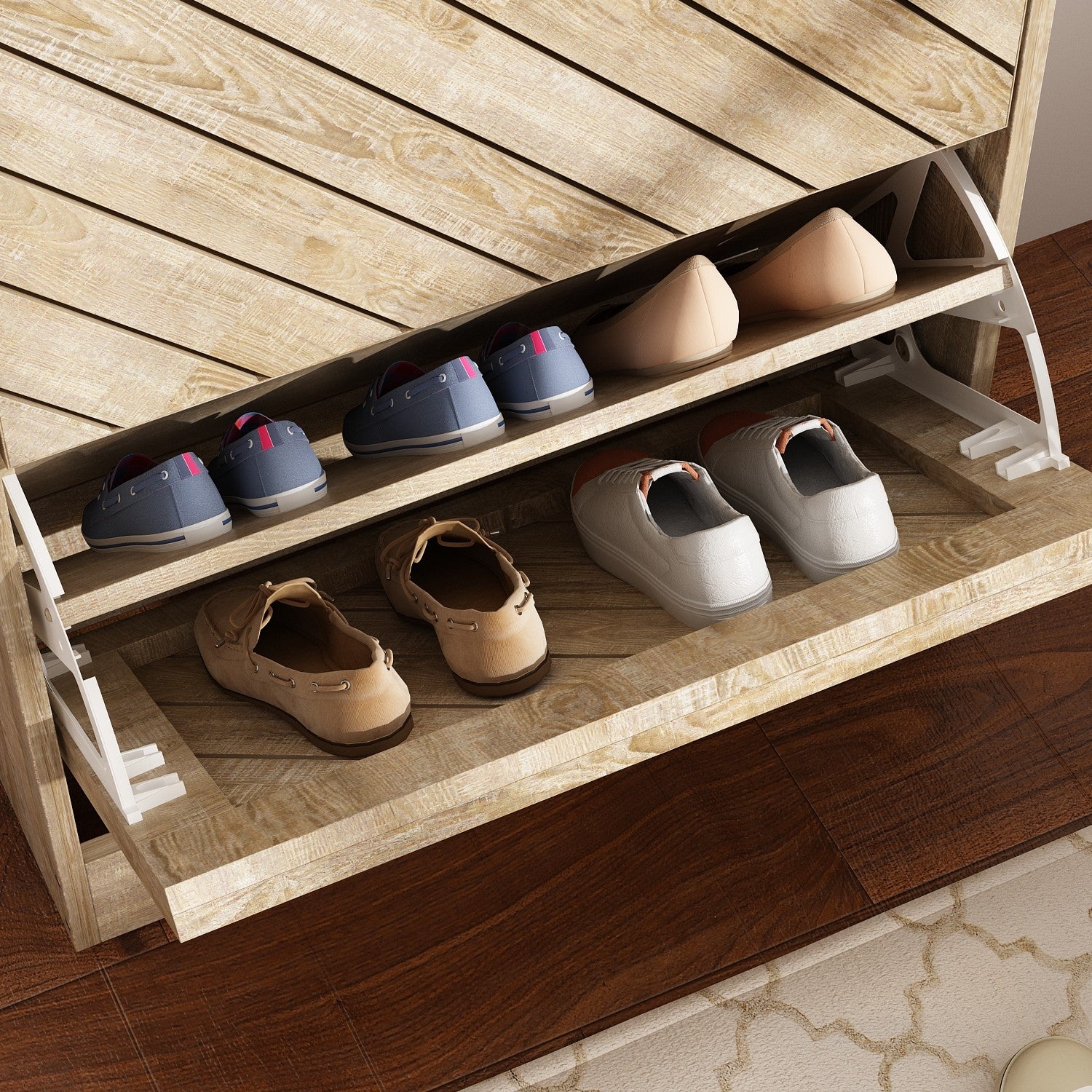 Meuble à chaussures meuble d'entrée avec abattants 3 niveaux 16 paires des chaussures 54x24x107cm Marron clair - 5