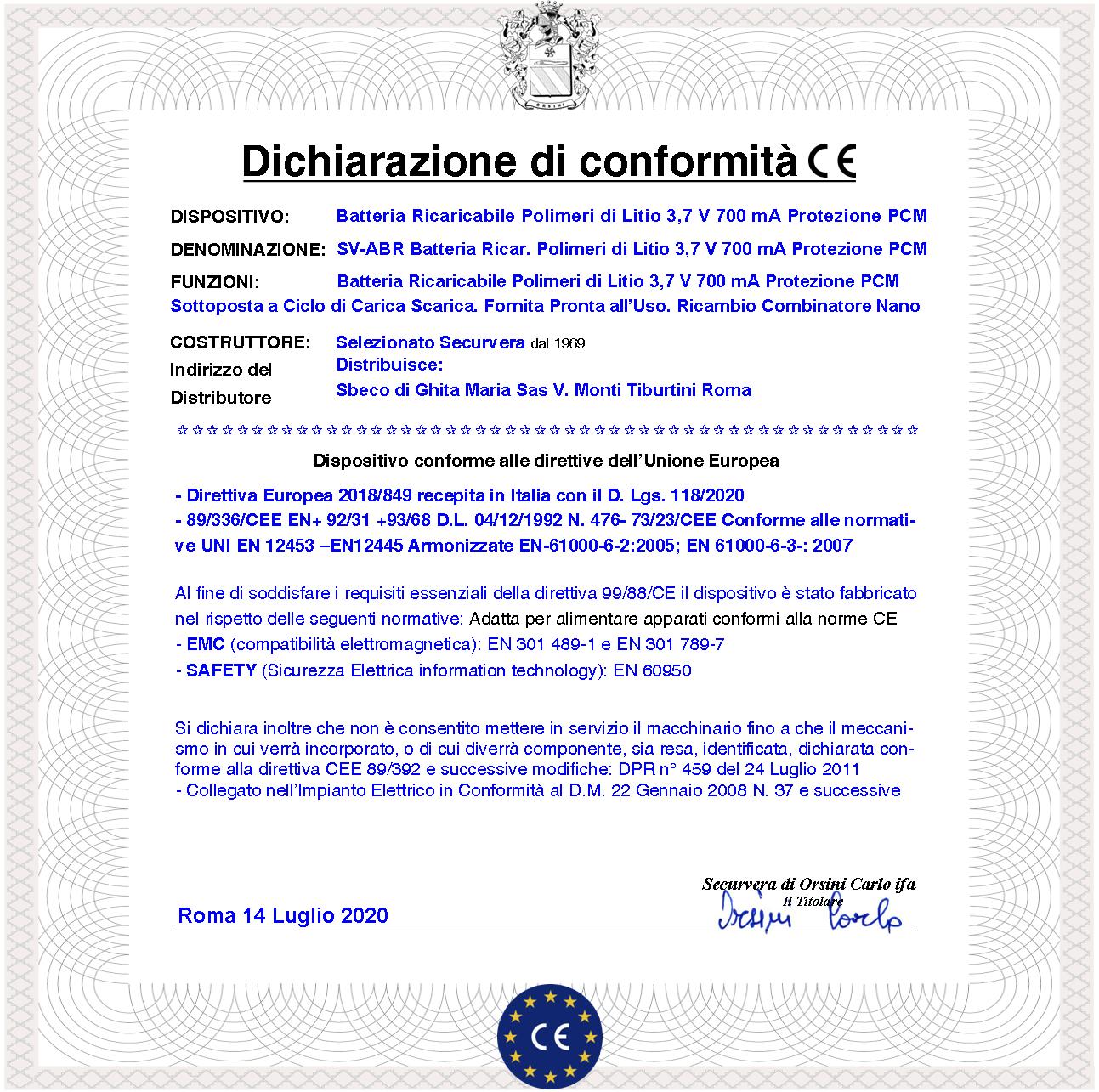Batteria Ricaricabile ai Polimeri di Litio Capacità Tipica 700 mA Tensione 3,7 V Protezione PCM e da Cortocircuito Tensione di Carica 4,2 V Ricambio C - 2