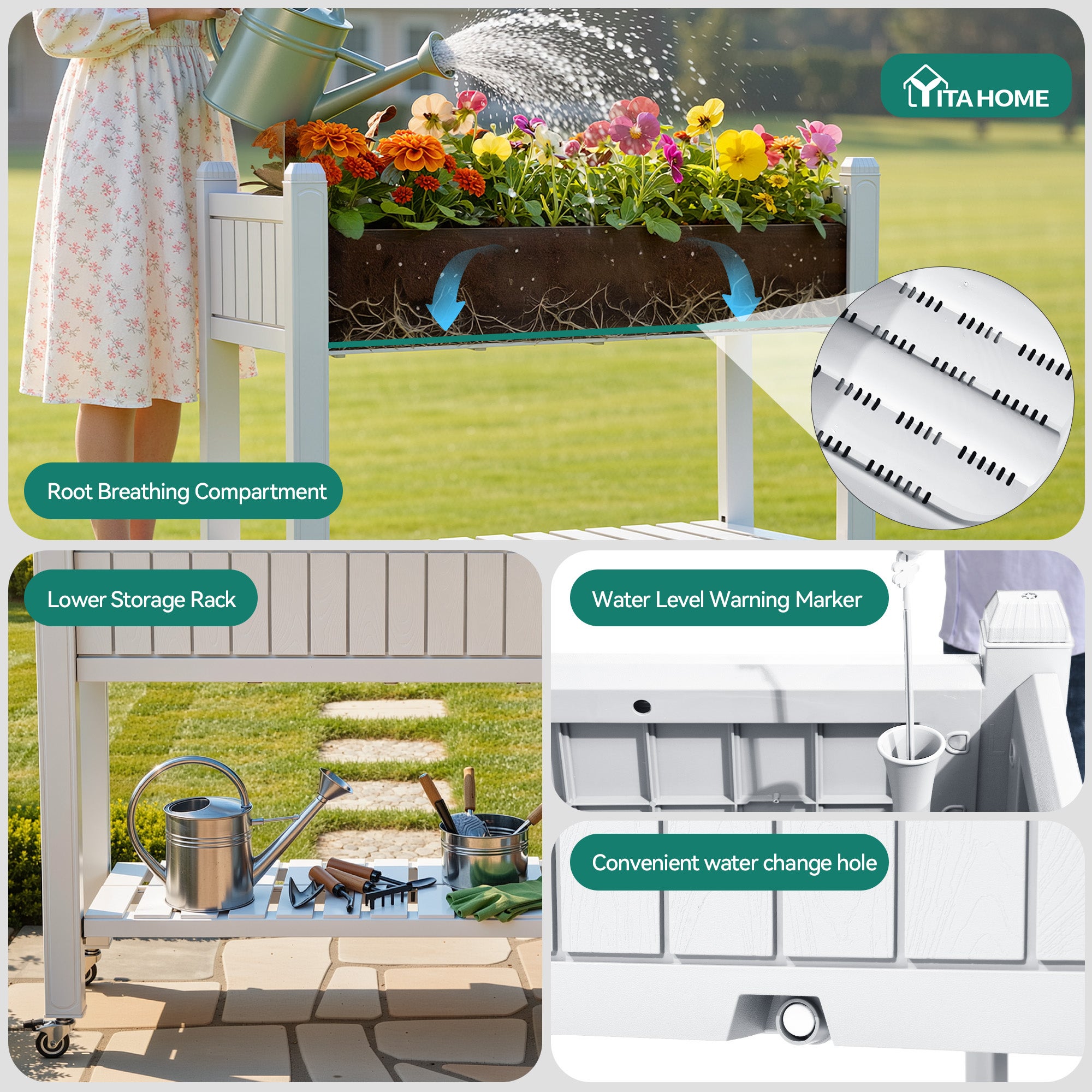 YITAHOME Jardinière en résine avec roulettes 108,5 x 44 x 89,5 cm Blanc - 5