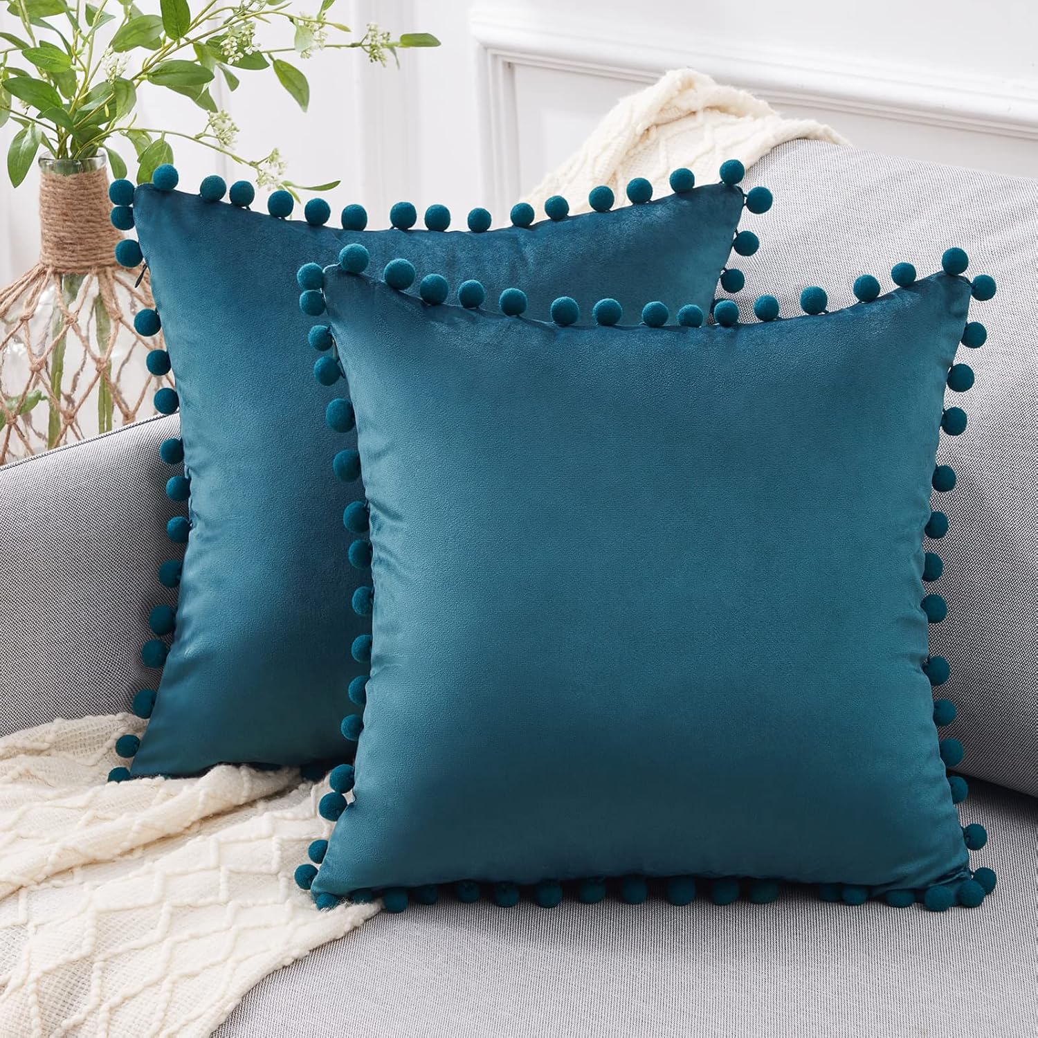 Set of 2 velvet pillows, simple pillowcases, decorative pillow case， 45 × 45 cm，Bleu paon - 2