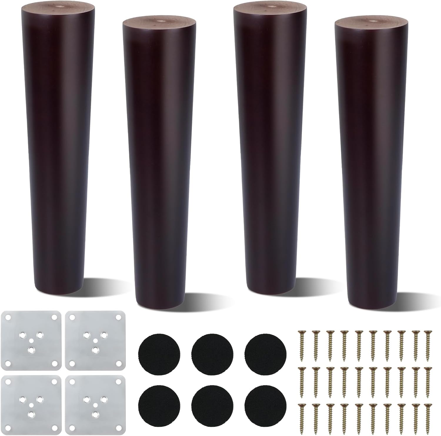 Picioare din lemn masiv de nuc, set de 4, 20 cm, conice, cu placă, șuruburi și tampoane antiderapante. Pentru canapele, paturi, fotolii 4buc
