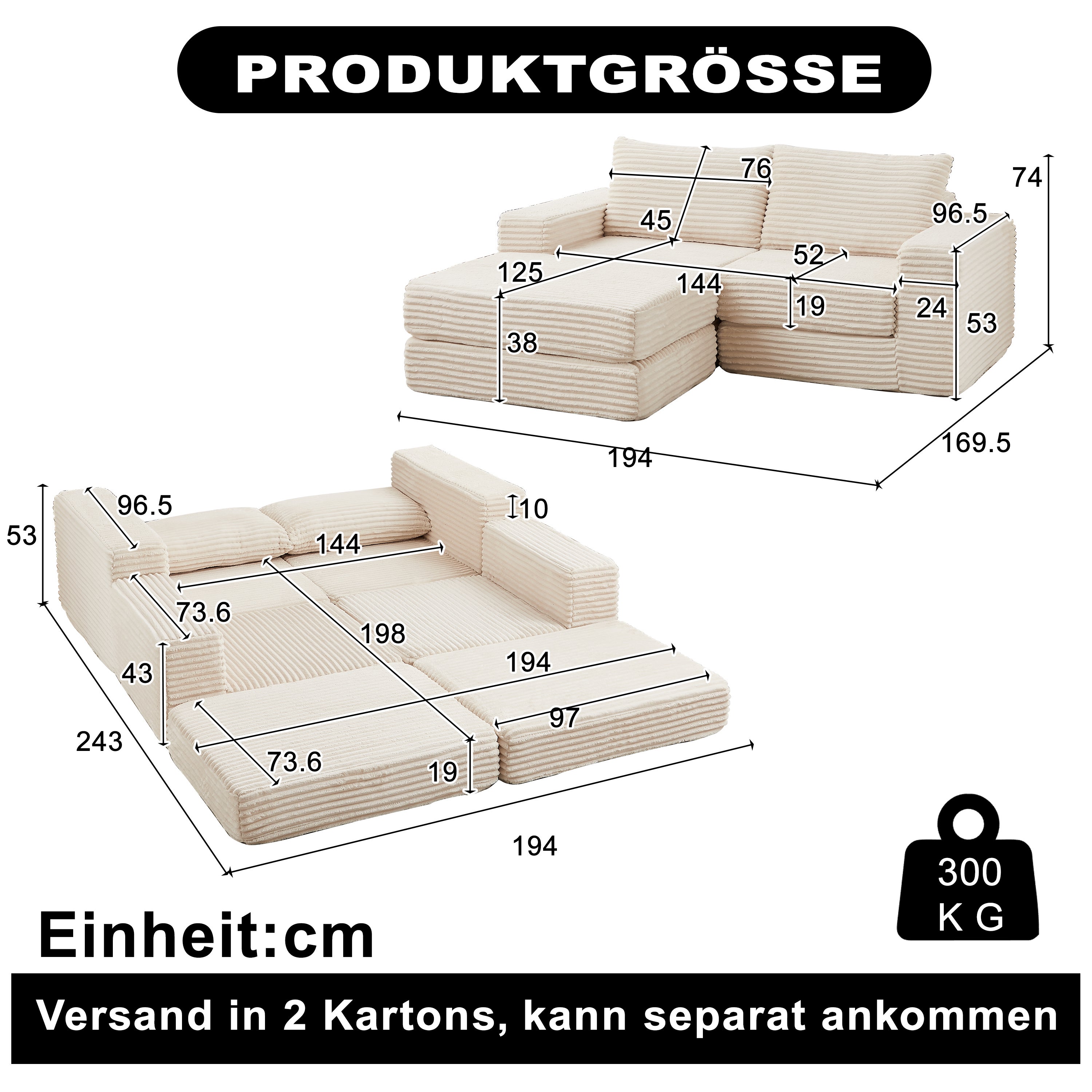 Canapé convertible en velours côtelé, modules combinables et repose-pieds amovible, convient pour salon, beige - 4