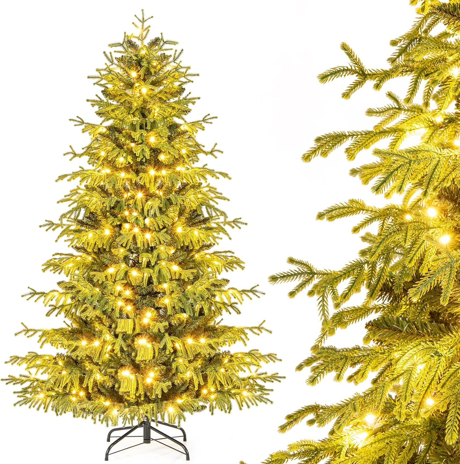 Sztuczna Choinka Bożonarodzeniowa z Oświetleniem LED 180 cm, 270 Lampek LED w Kolorze Ciepłej Bieli, 746 Gałęzi, Świąteczna Dekoracja, Zielona, 180 cm
