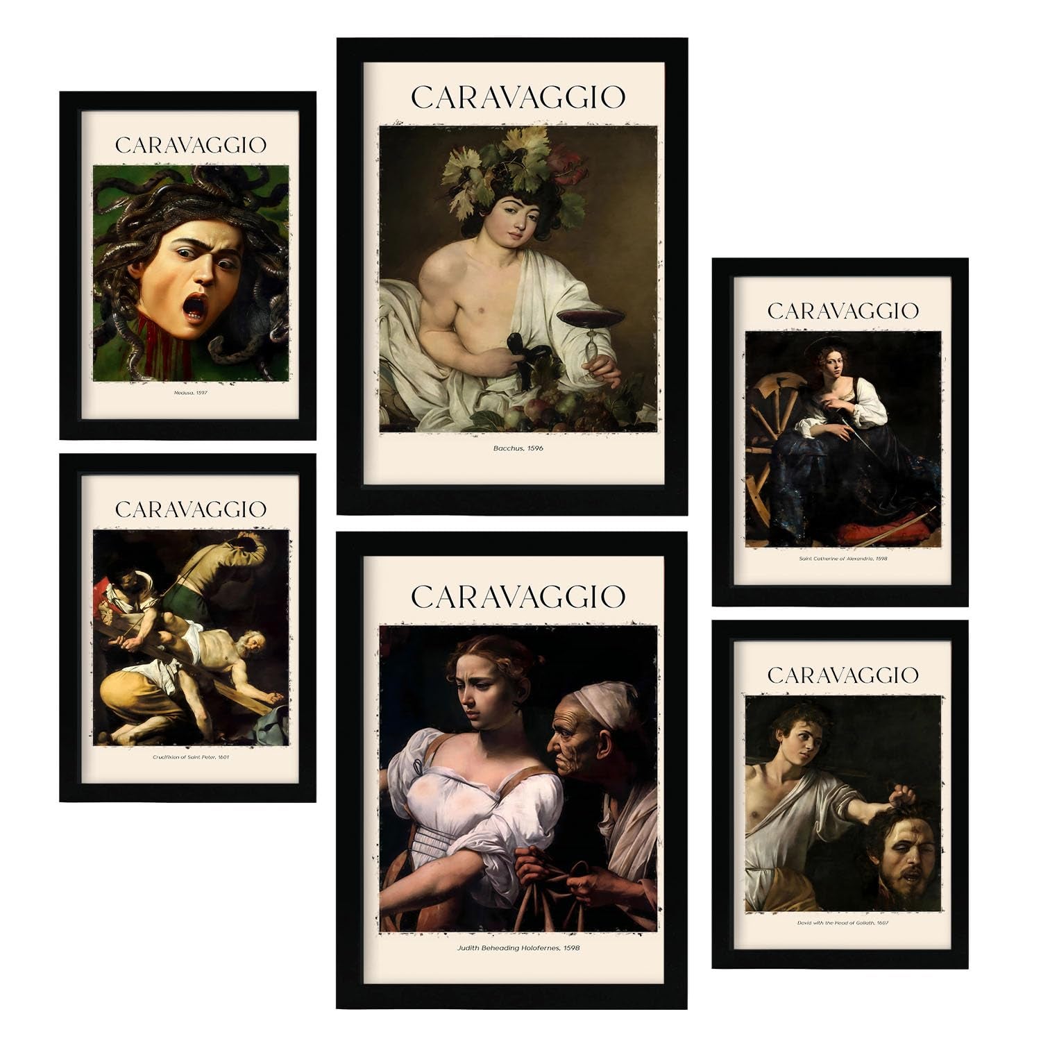 Lámina poster set 6 de caravaggio colección de obras de arte cuadros decorativos para tu salón hogar estampados a4 y a3 con negro marcos marco negro