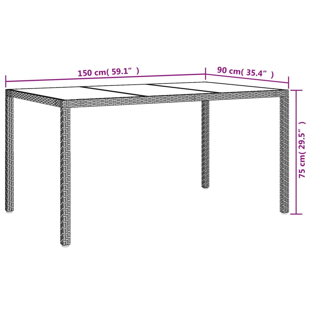Table de jardin 150x90x75 cm Verre trempé et poly rotin Gris vidaXL - 3