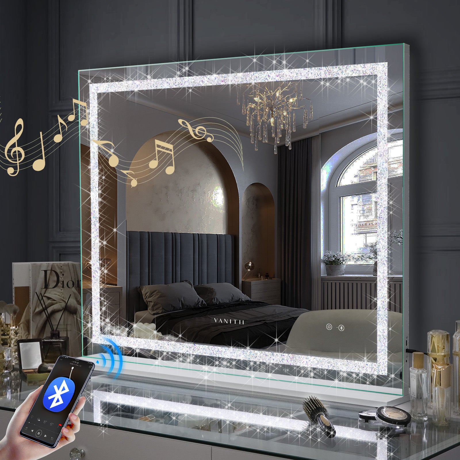 Lustro kosmetyczne Hollywood z oświetleniem LED do toaletki/ścienne - 100 x 80 cm - Kryształowa listwa LED - Głośnik Bluetooth