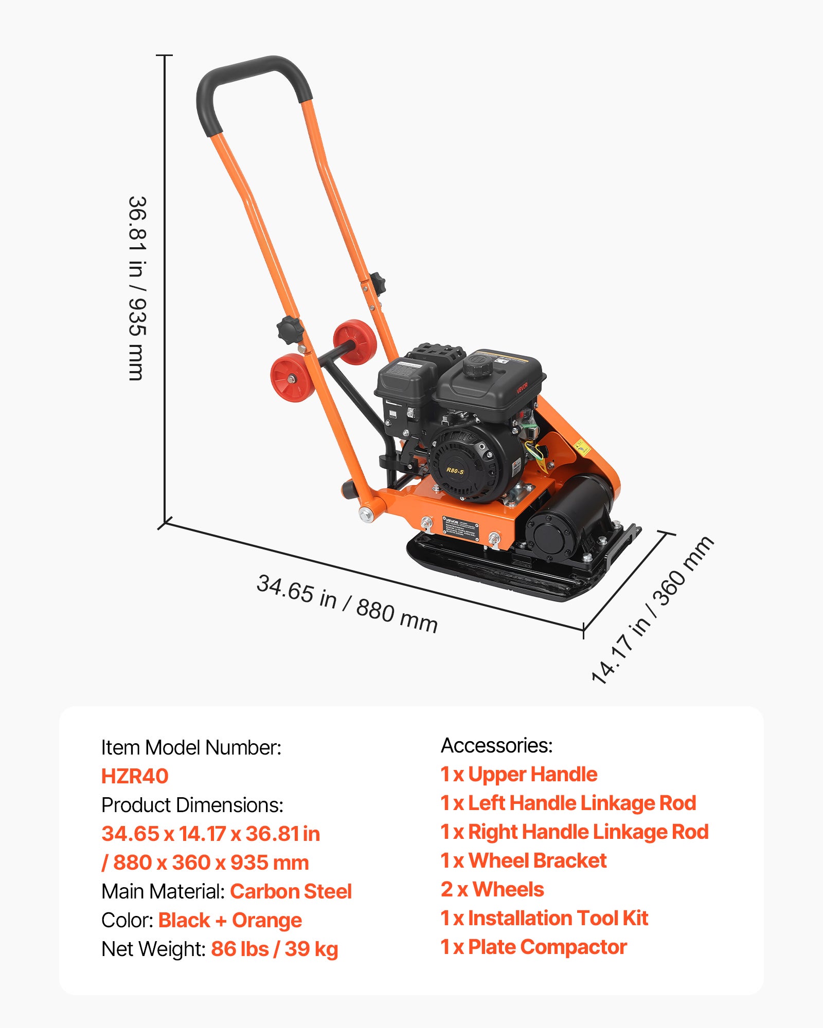 Plaque Vibrante Thermique VEVOR 8 kN Compacteur à Plaque Vibrante Essence 2 hp, 5250 VPM, Zone de Compactage 41x31,5 cm, pour Pavages, Asphalte - 7