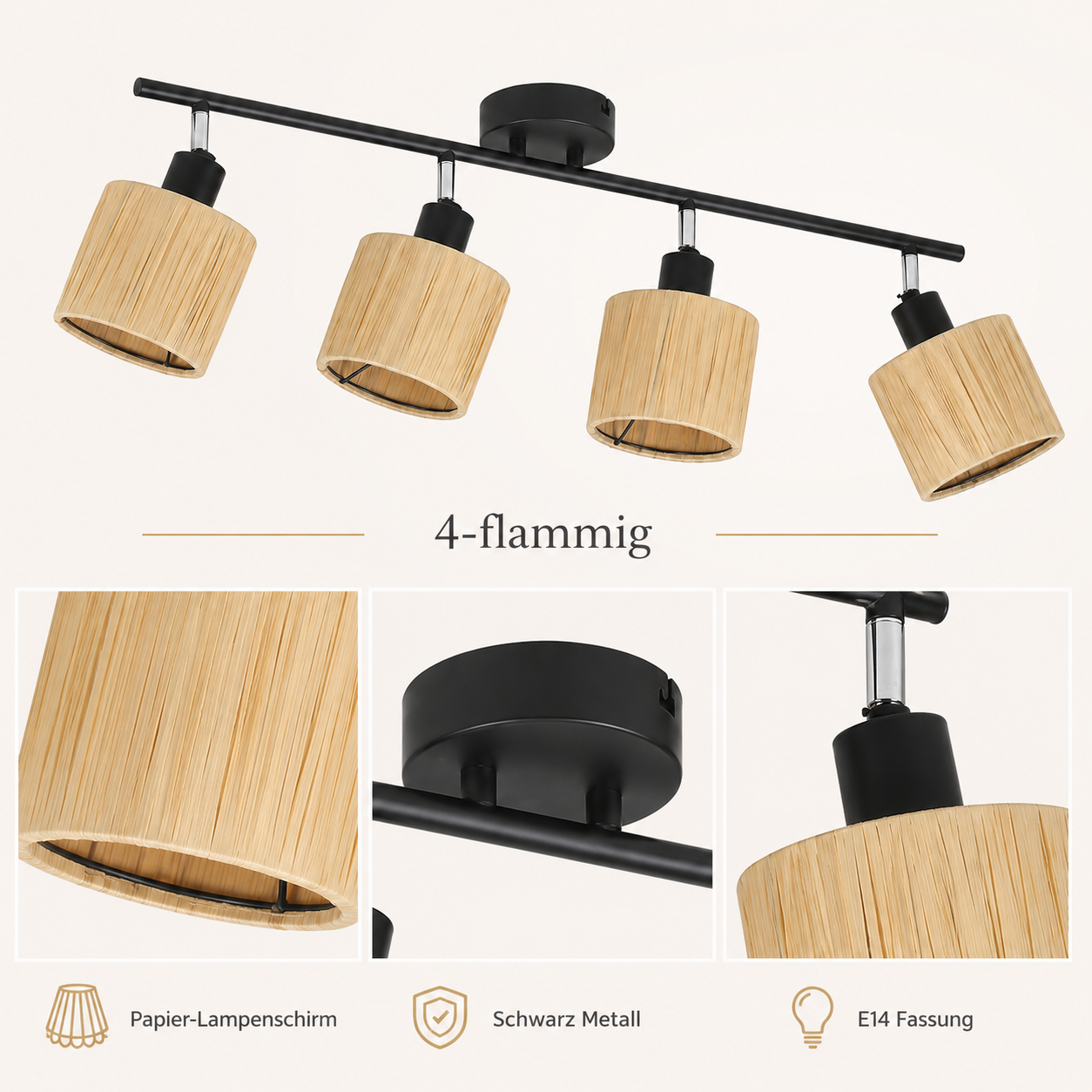 NETTLIFE Foco de techo de 4 llamas E14 Lámpara de techo de papel negro natural para sala de estar - 3