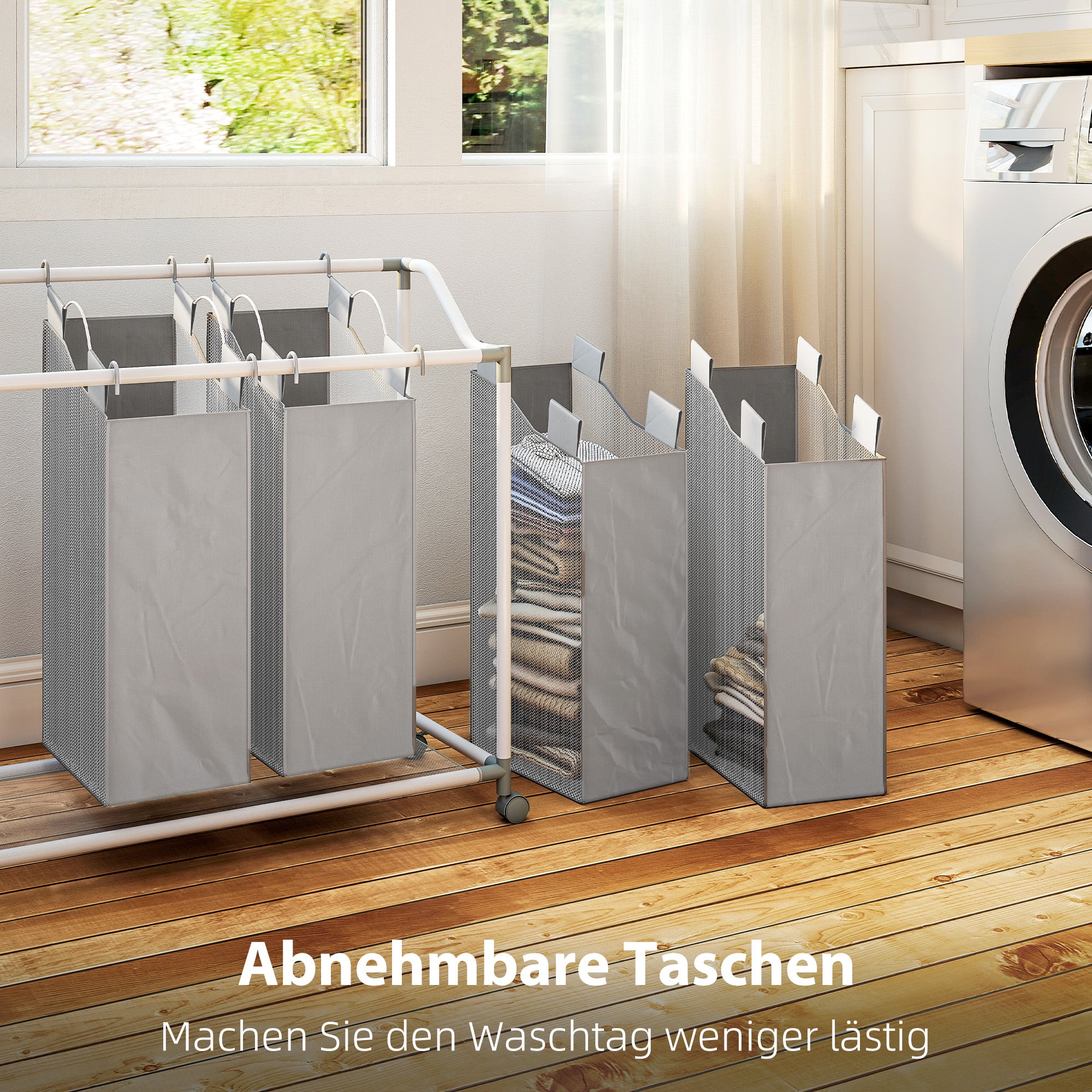 Panier à linge avec 4 tasses,160 L,panier à linge avec paniers,sac à linge,97x38x81cm,gris - 7