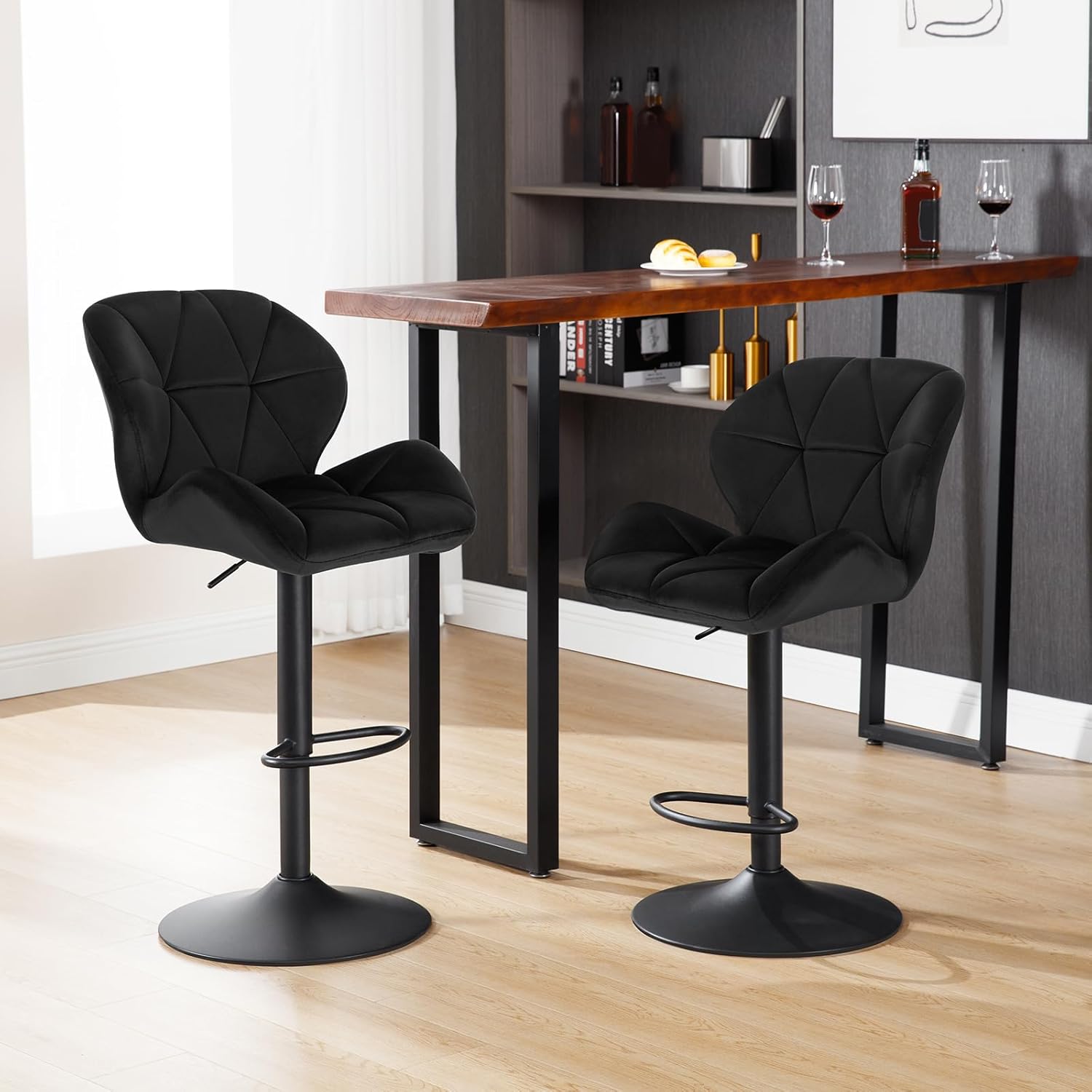 Lot de 4 Tabouret de Bar réglable en Hauteur, Chaise Haute pour Bar avec Dossier, siège rembouré en Velours Pied en métal, Noir - 3