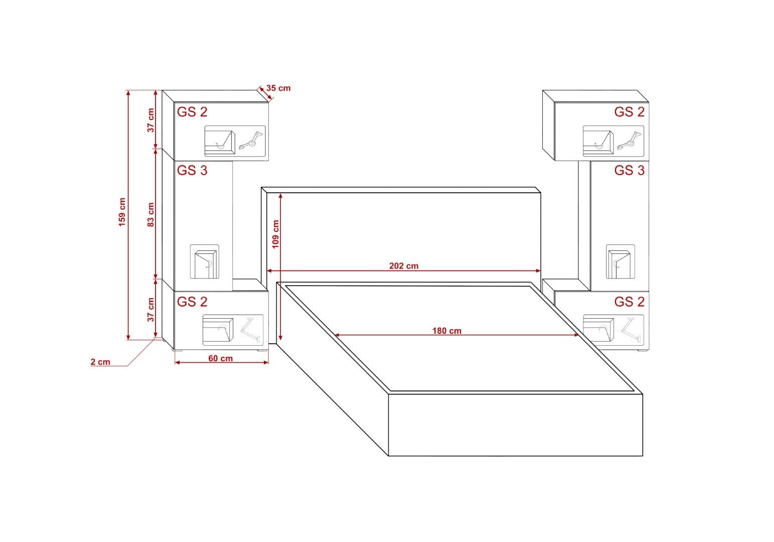 Tête de lit avec rangement Armoire - pont de lit PANAMA 3/21S/M5 chêne sonoma 282-322x159x35cm - 4