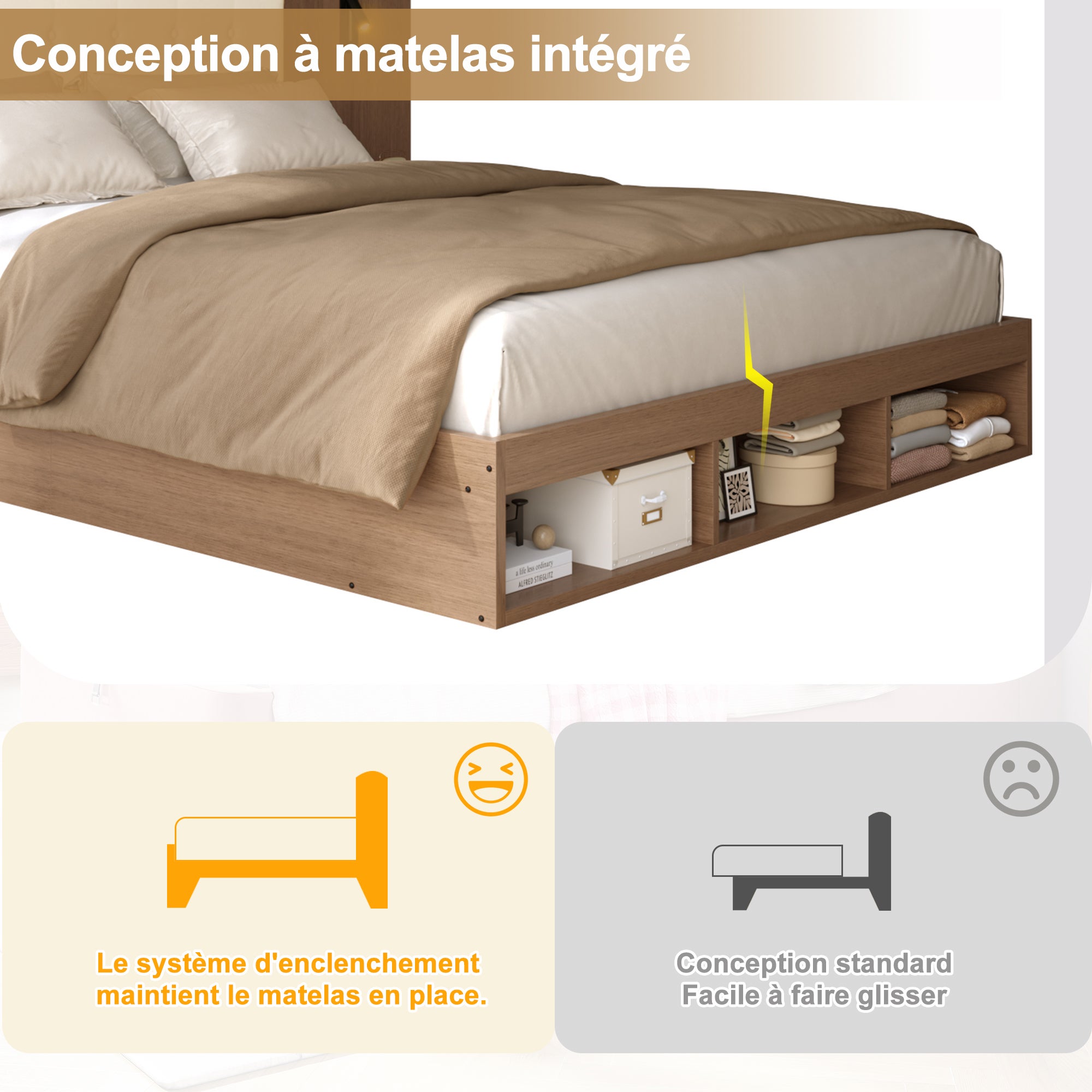 Lit double 180x200 cm avec 2 tables de nuit et tête de lit rembourrée, Lit adulte en bois avec Port USB et USB-C, lampe lecture et 3 étagère, Noyer - 5