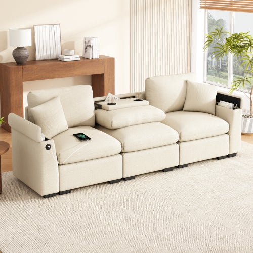 Canapé droit 3 places avec 2 coussins, table pliante avec port USB, porte-gobelet et accoudoirs de rangement, en chenille, beige - 3