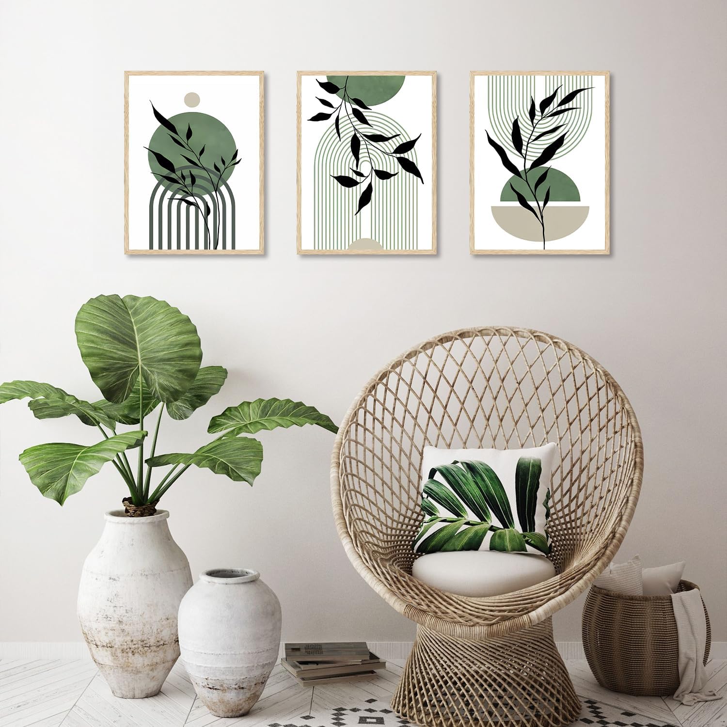 Art Mural Boho Vert Sauge, Tableau Décoration Murale Minimaliste Abstraite Géométrique Botanique, Affiche Moderne30x40 cm Sans Cadre, Lot de 3 - 3