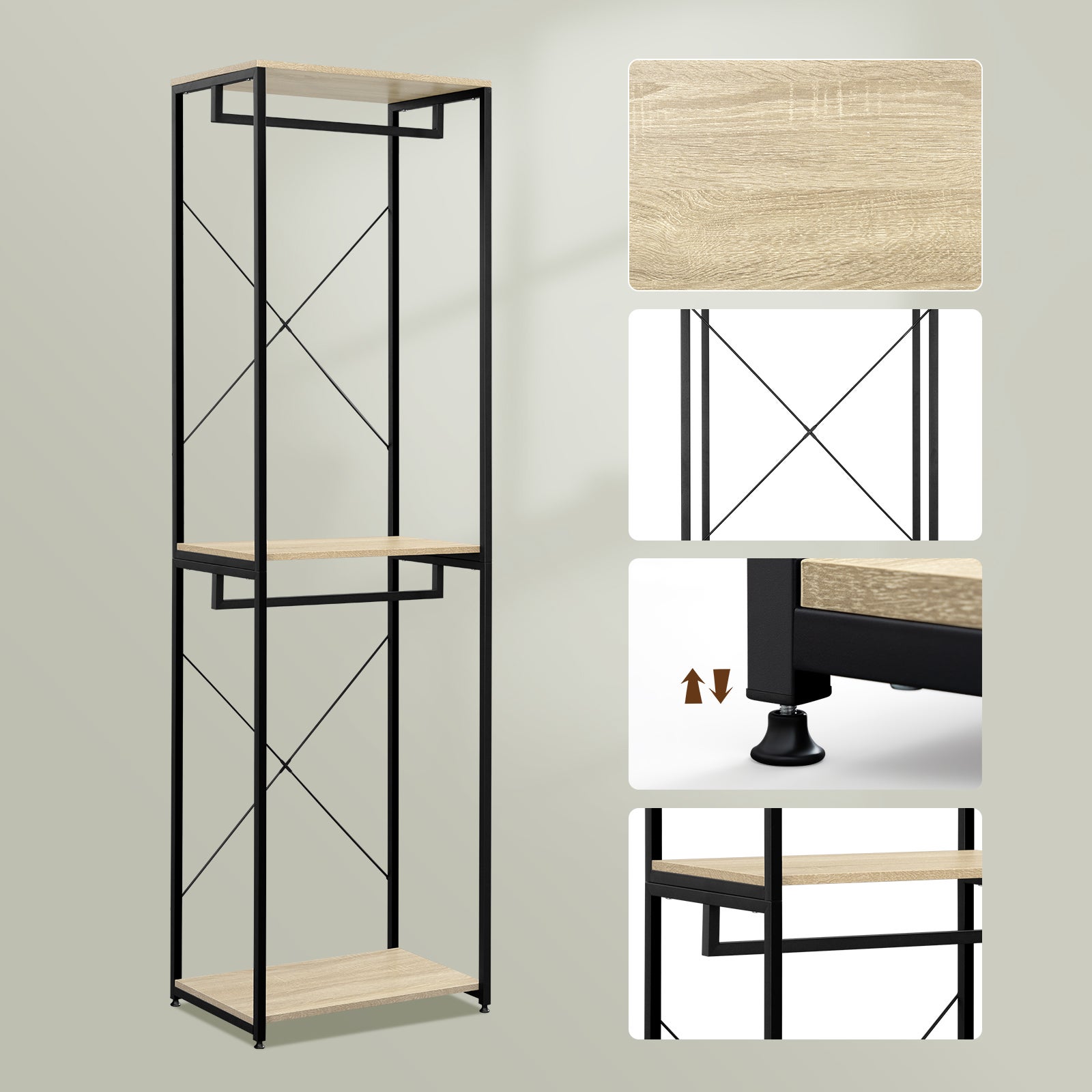 WOLTU Porte-manteaux sur pieds en bois et acier, Noir + chêne clair, 60x40x213 cm - 3