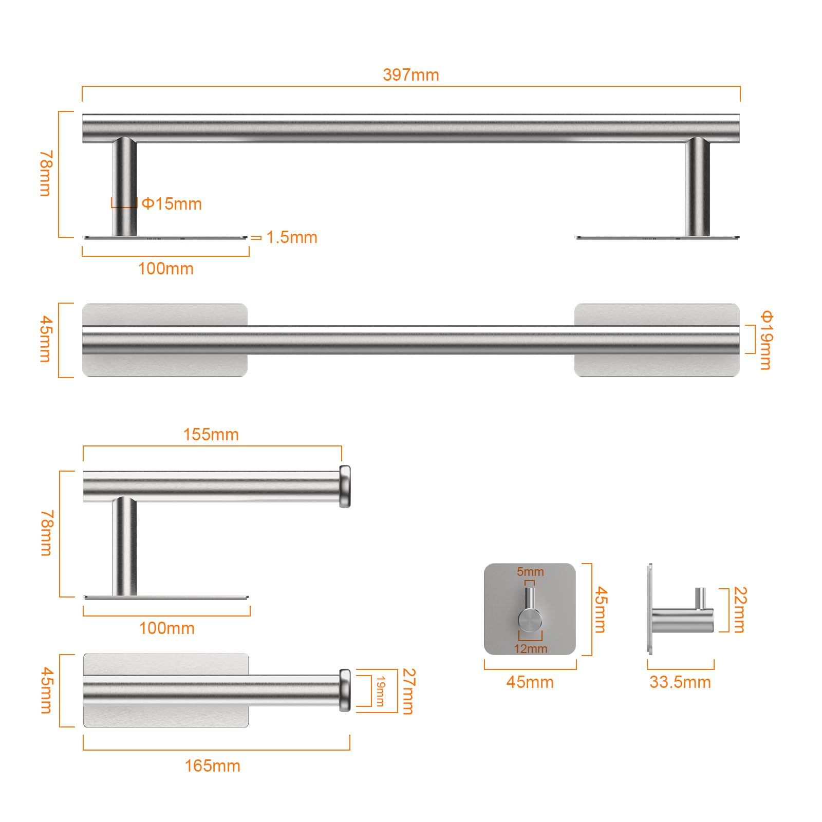 Set Di 5 Portasciugamani Da Bagno In Nichel Spazzolato, Acciaio Inox, Con Porta Carta Igienica Da 59,9 Cm, Ganci E Anello, Accessori Bagno Moderni