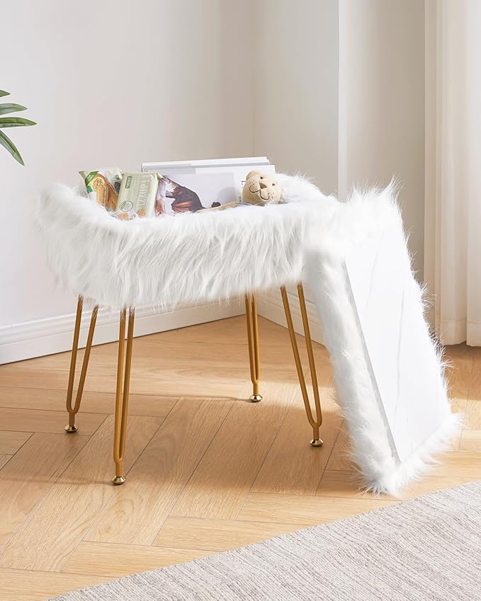 Taburete rectangular de tocador de piel sintética con almacenamiento, reposapiés redondo con 4 patas metálicas — blanco (wbd022w)