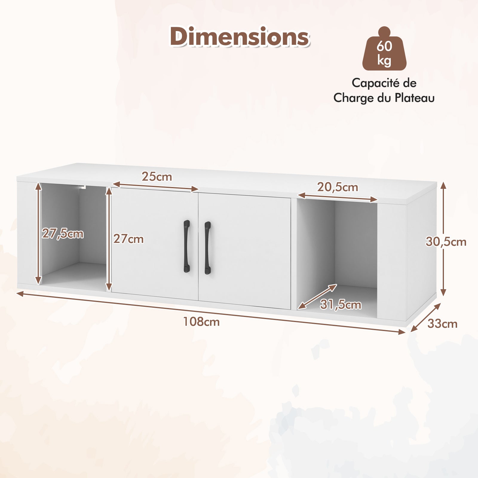 Armoire de Rangement Flottante à 2 Portes, Bureau Suspendu Mural avec 2 Cubes, Meuble de Console sous Télévision, pour Salon, Bureau, Cuisine, Blanc - 5