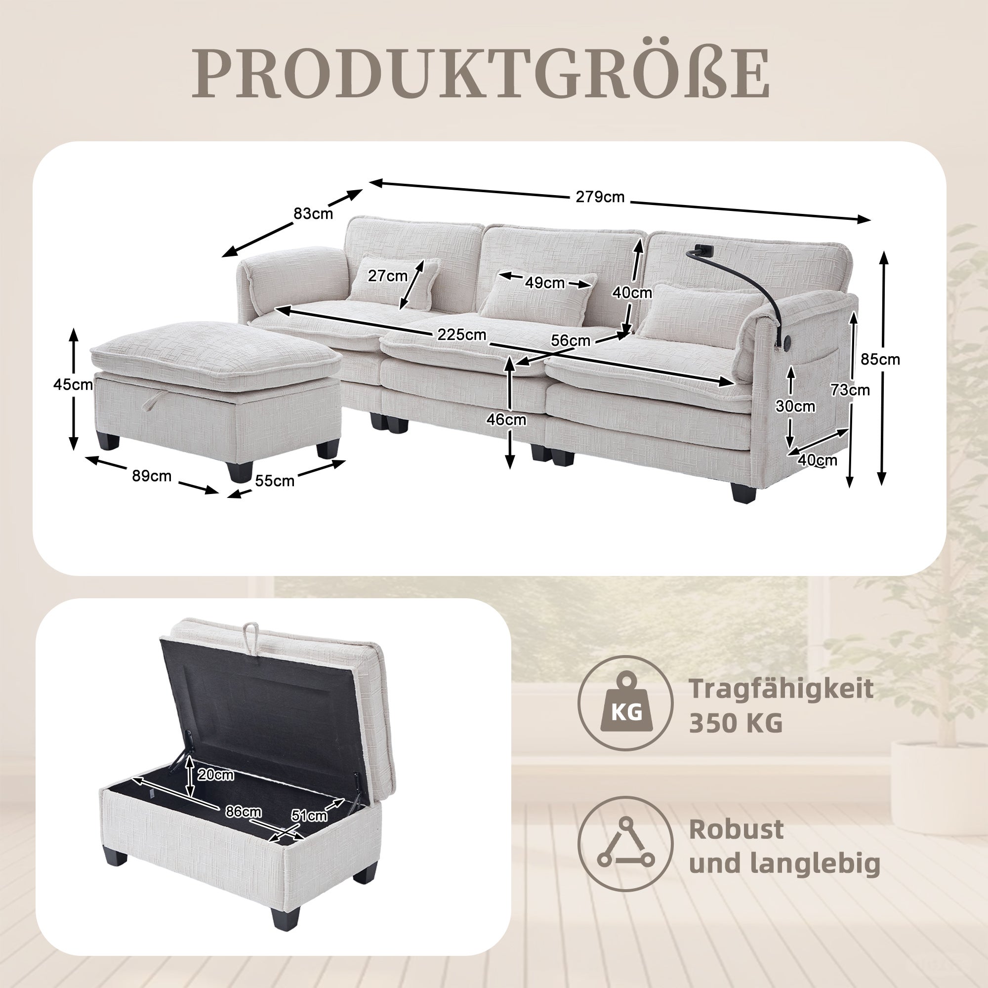 Divano 2 Posti USB Schiuma Memory Foam Borsa Laterale Supporto Mobile Sgabelli Modulari Ciniglia Beige Soggiorno Home Office - 3